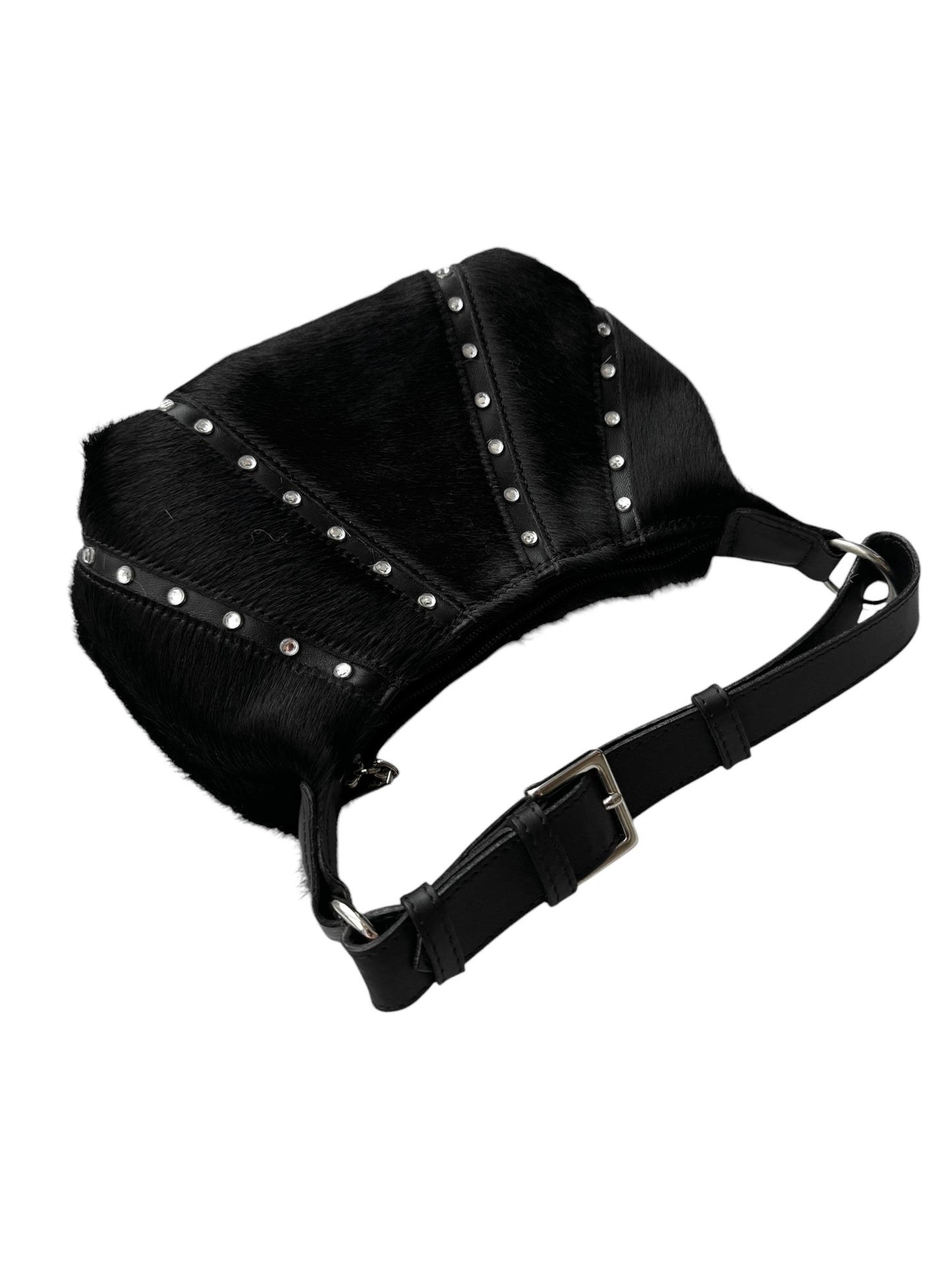 2000s BLACK HAIRY LEATHER STRASS MINI BAG