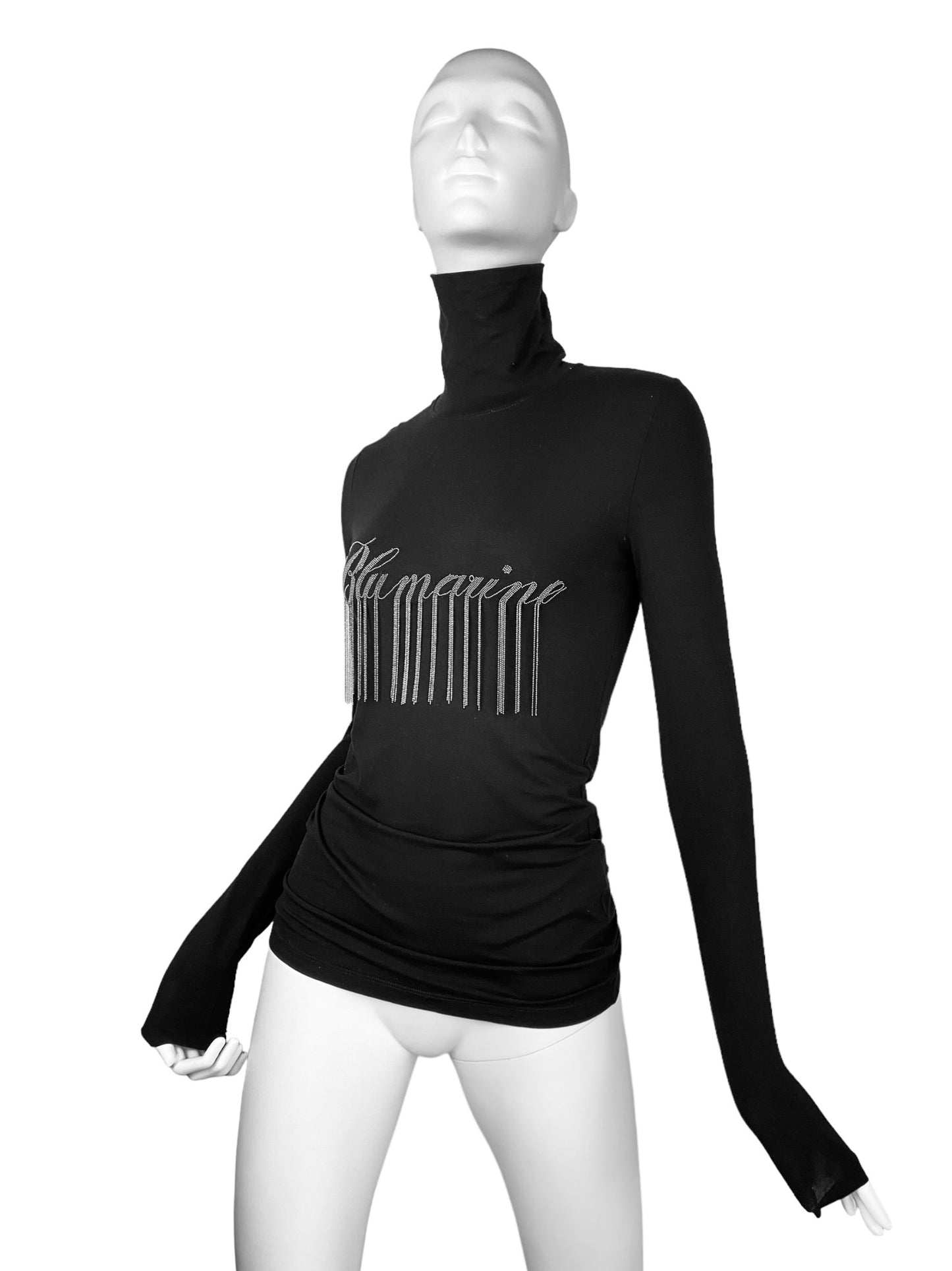 BLUMARINE 2010s BLACK EMBELLISHED FRINGES TURTLENECK