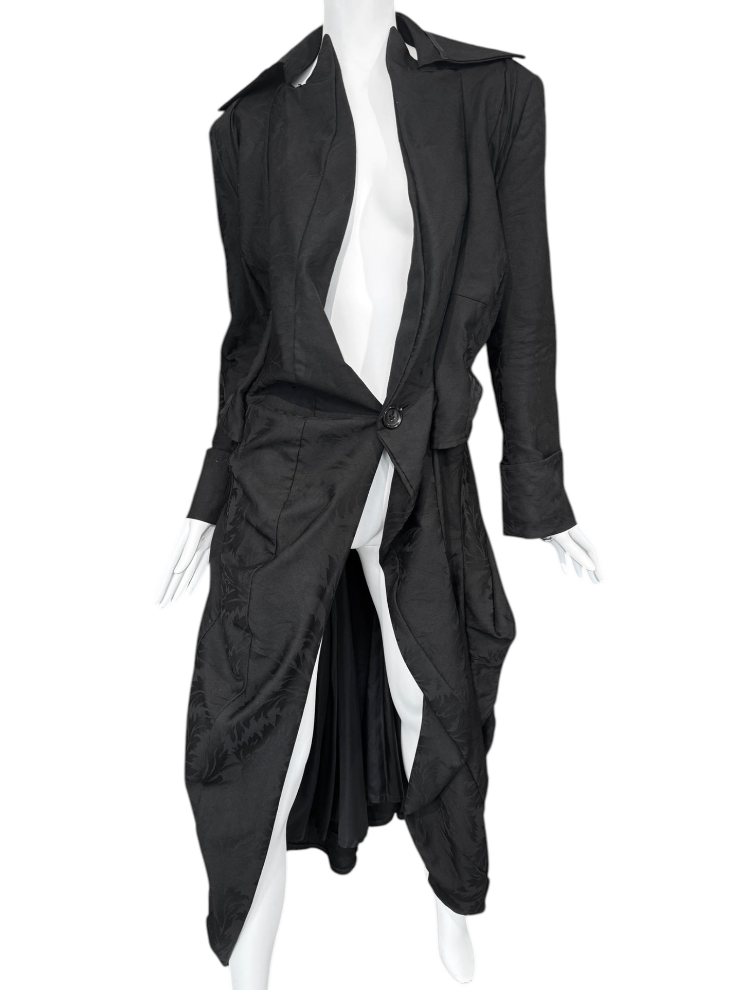 JUNYA WATANABE SS2007 BLACK WOOL JACQUARD VICTORIAN-INSPIRED COAT