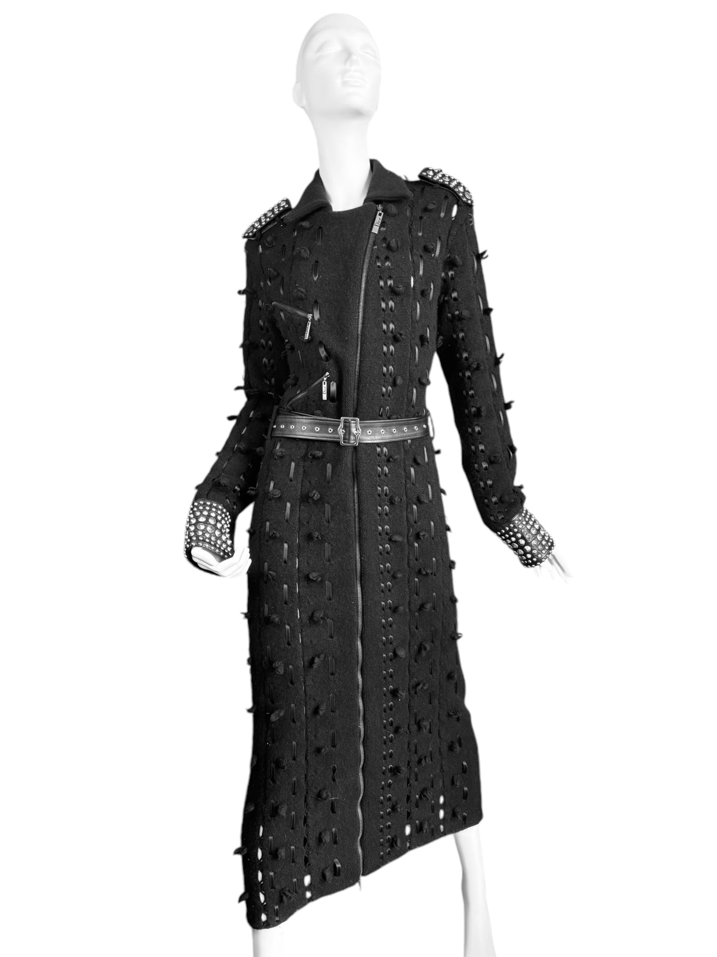 DIOR FW2004 BY GALLIANO BLACK WOOL LACED STUDDED MAXI COAT