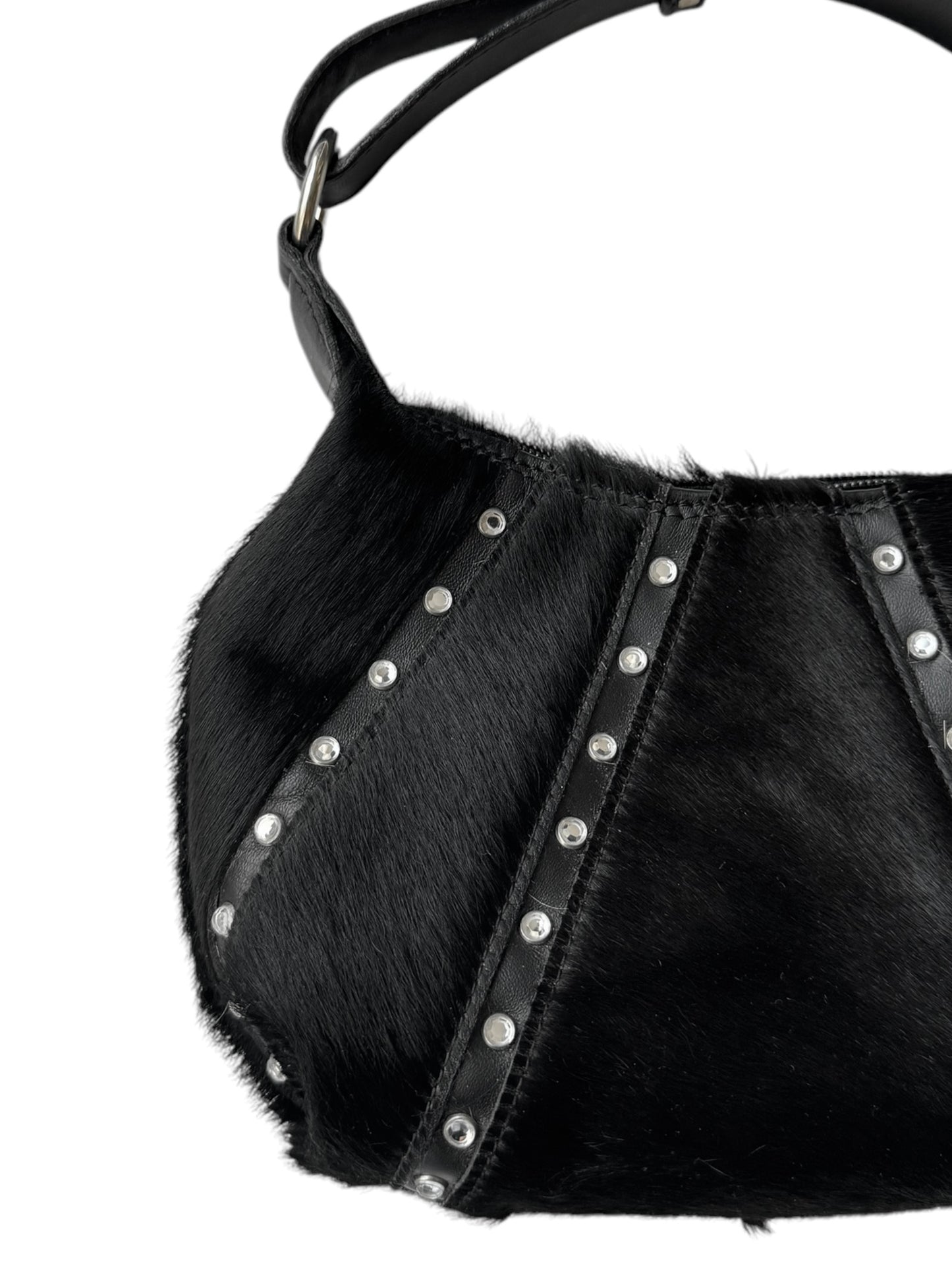 2000s BLACK HAIRY LEATHER STRASS MINI BAG