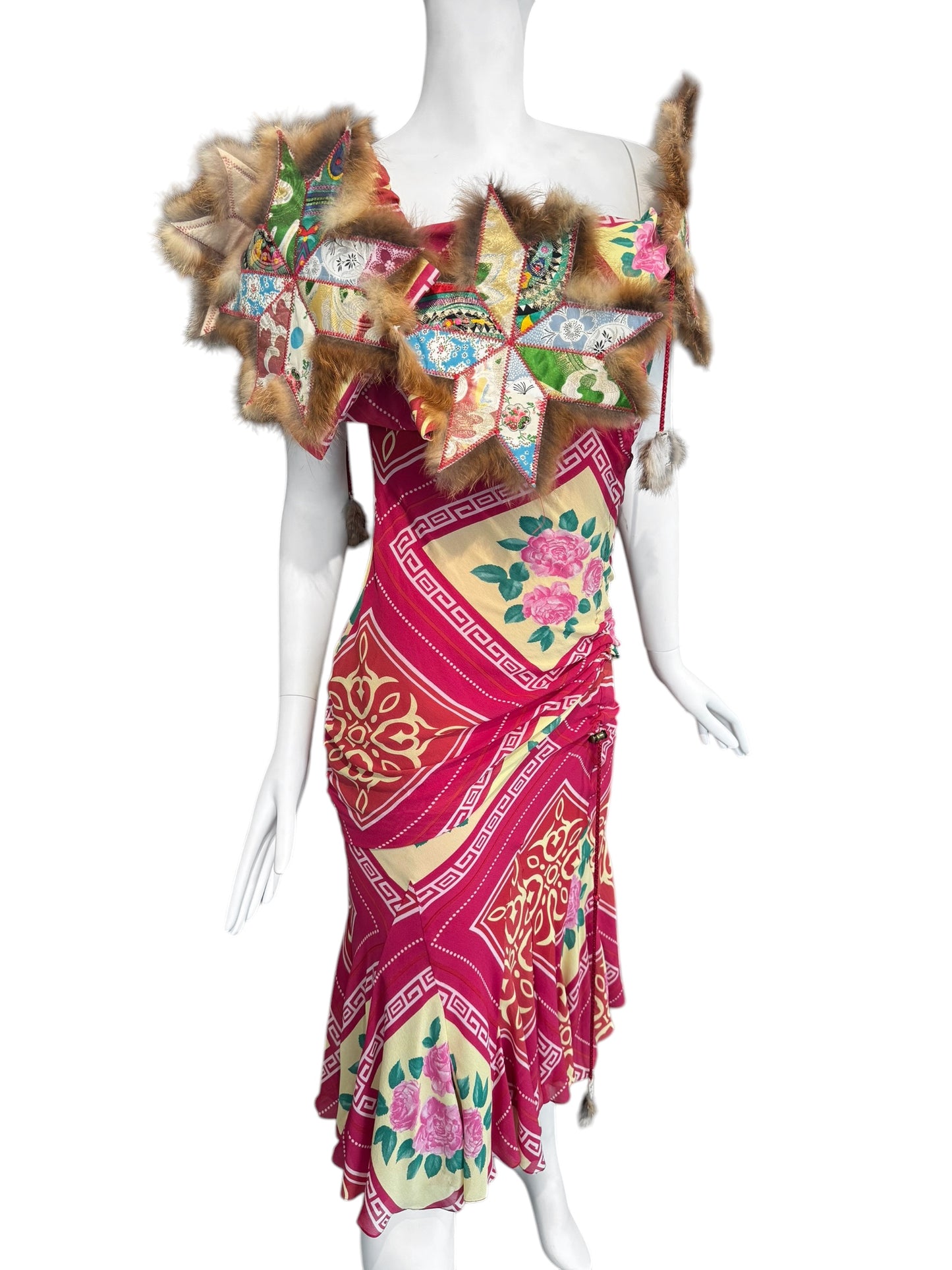 JOHN GALLIANO FW2002 PINK SILK & FUR FOLKLORIC FLORAL PRINT MIDI DRESS