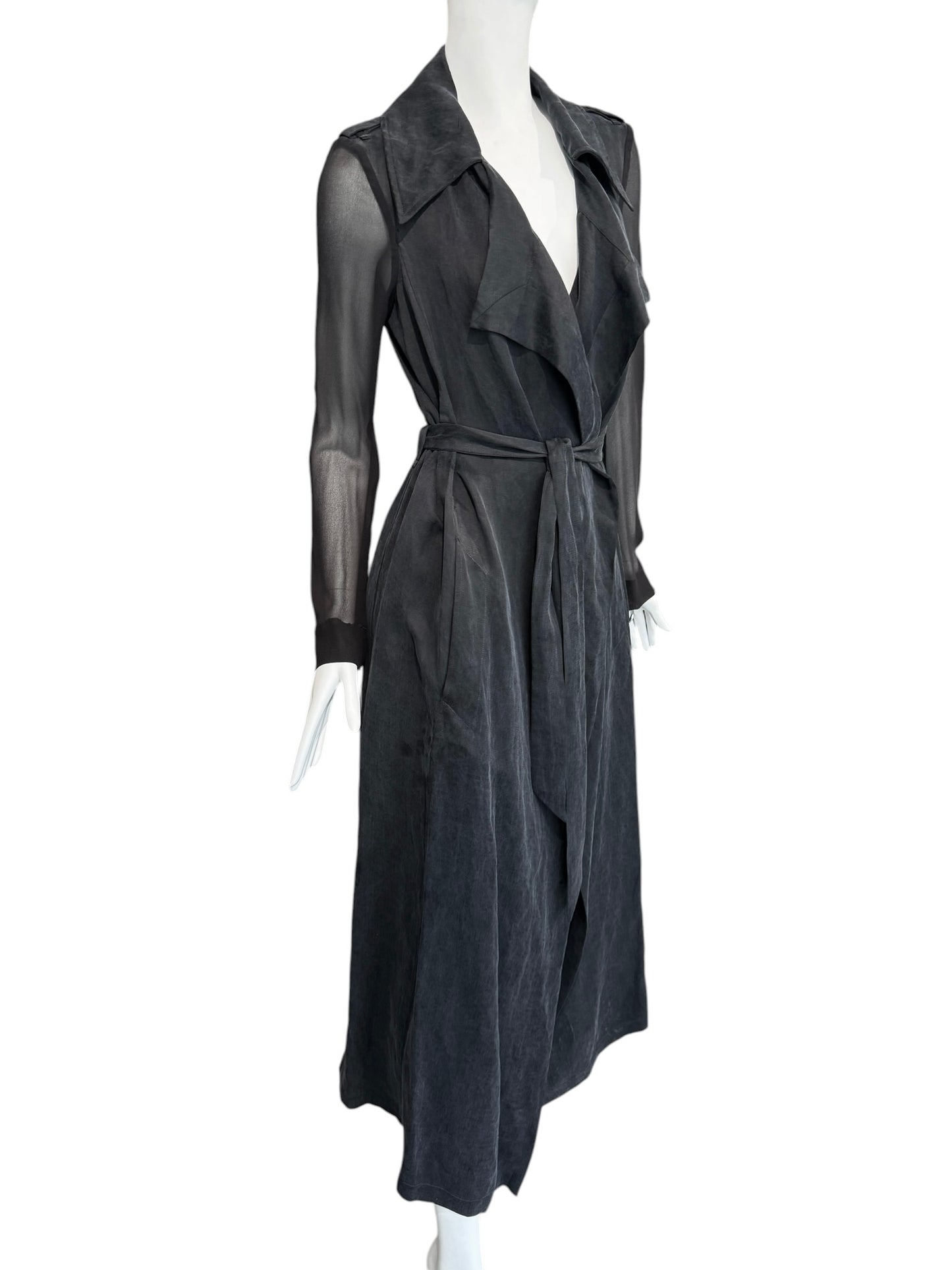 FAYÇAL AMOR 2010s DARK BLUE & BLACK LINEN & SILK MAXI COAT