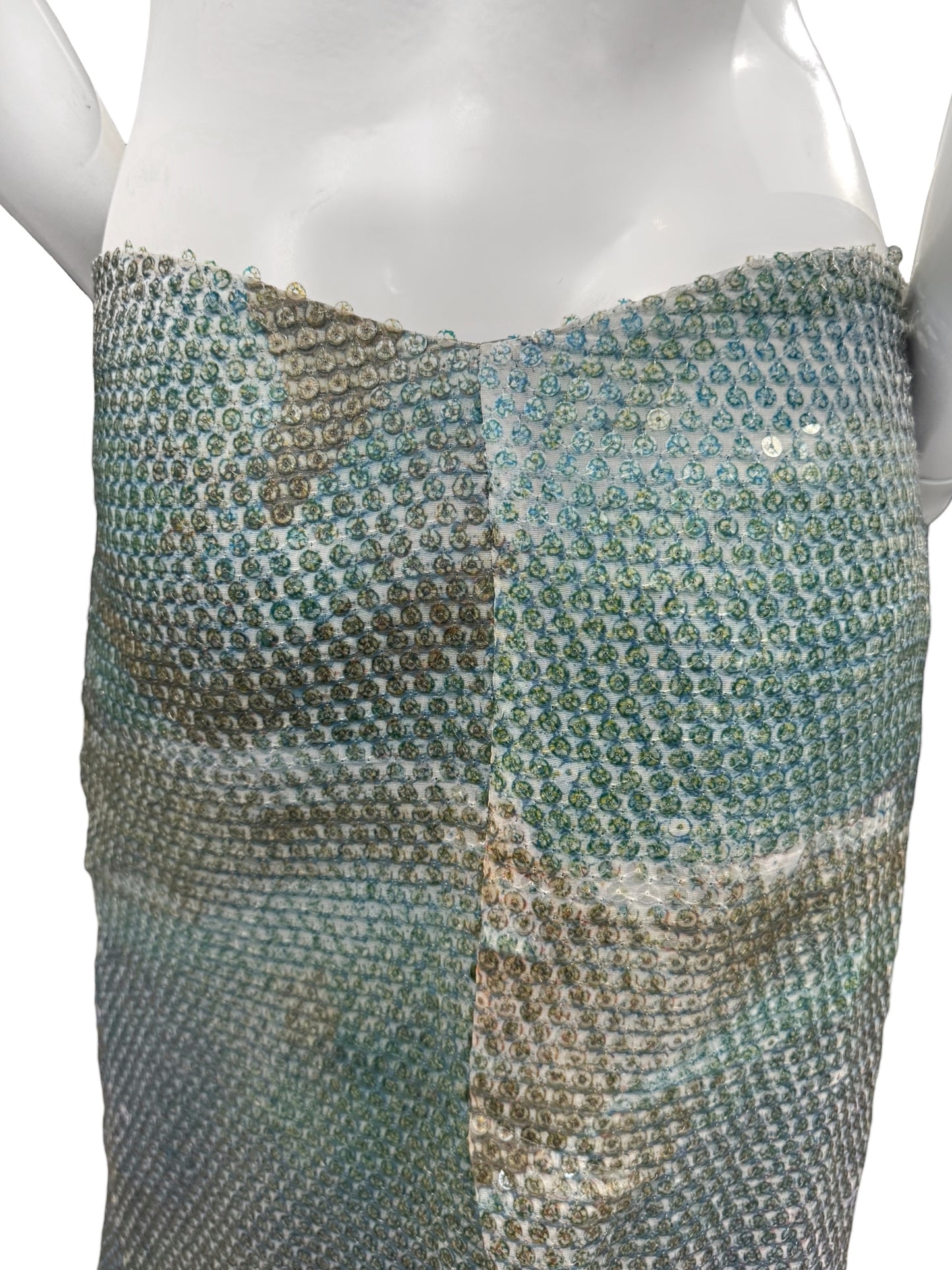 ALEXANDER MCQUEEN SS1997 «LA POUPÉE» BLUE SEQUINS DOLPHIN PRINT BUMSTER MIDI SKIRT