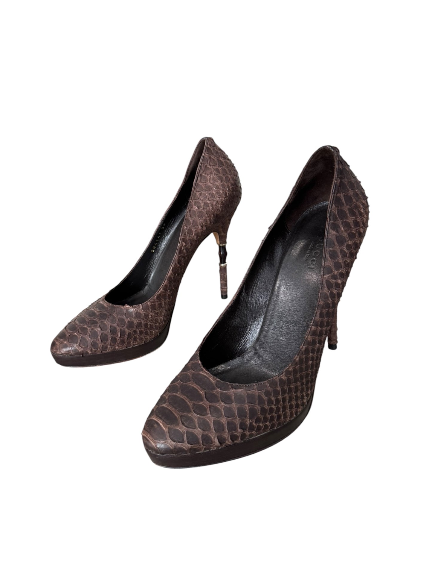 GUCCI 2000s BROWN LEATHER PYTHON-LIKE BAMBOO HEELS