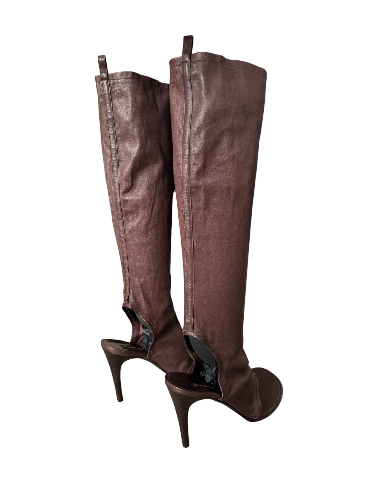 PLEIN SUD SS2004 BROWN LEATHER KNEE-HIGH THONG SANDAL BOOTS