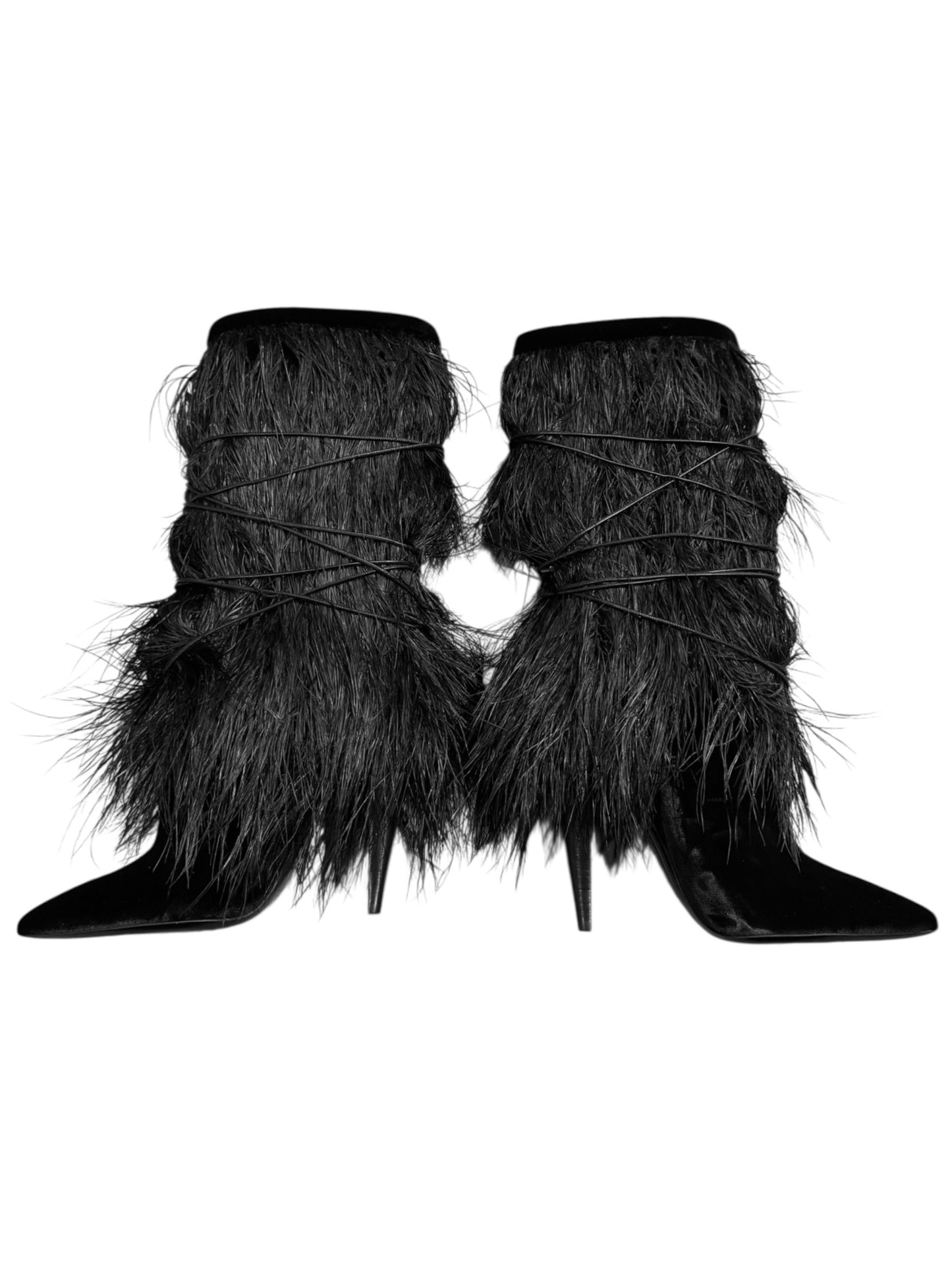 SAINT LAURENT SS2018 BY ANTHONY VACCARELLO BLACK VELVET & OSTRICH FEATHERS BOOTS