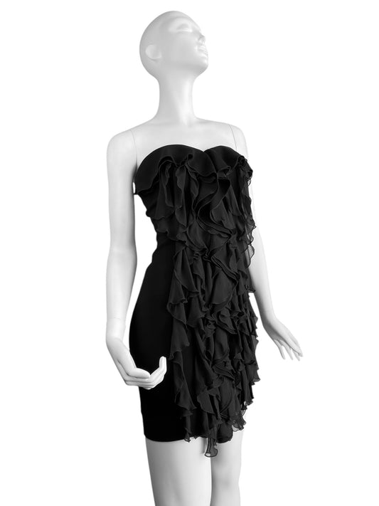 PLEIN SUD 2010s BLACK SILK RUFFLES BUSTIER MINI DRESS