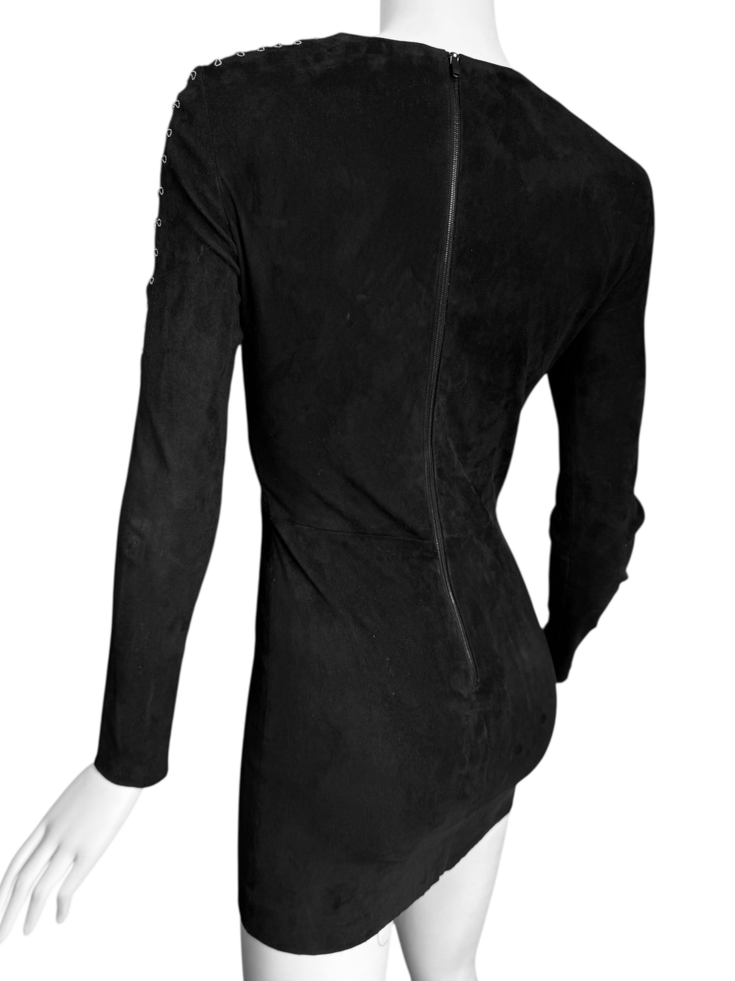 JITROIS 2000s BLACK SUEDE LEATHER TULLE CUT OUT MINI DRESS