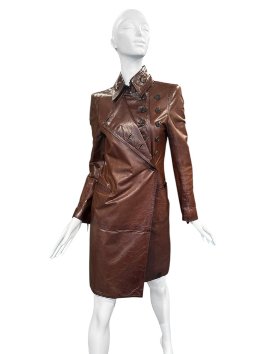 ANN DEMEULEMEESTER FW2004 BROWN LEATHER ASYMMETRICAL COAT