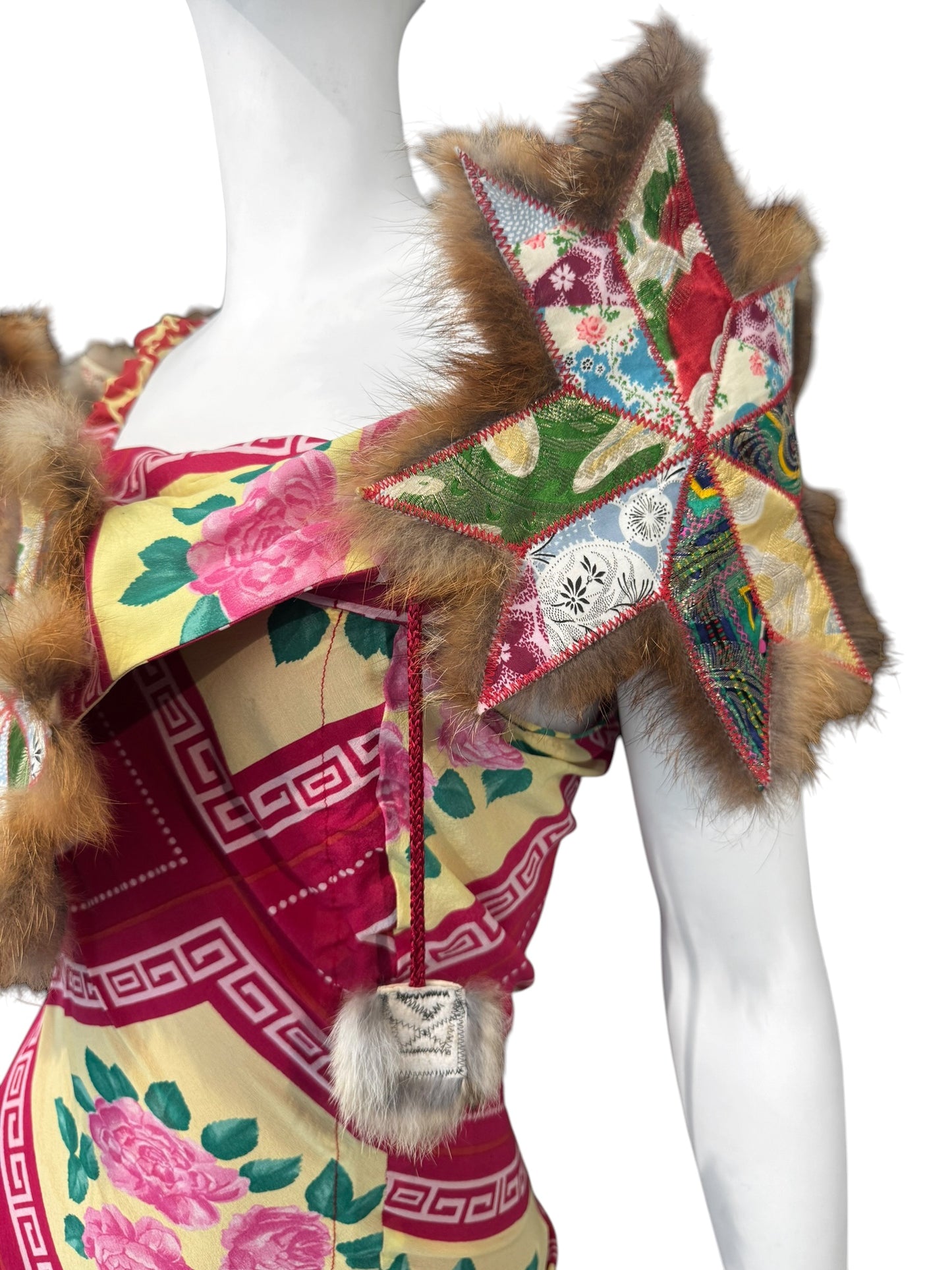 JOHN GALLIANO FW2002 PINK SILK & FUR FOLKLORIC FLORAL PRINT MIDI DRESS