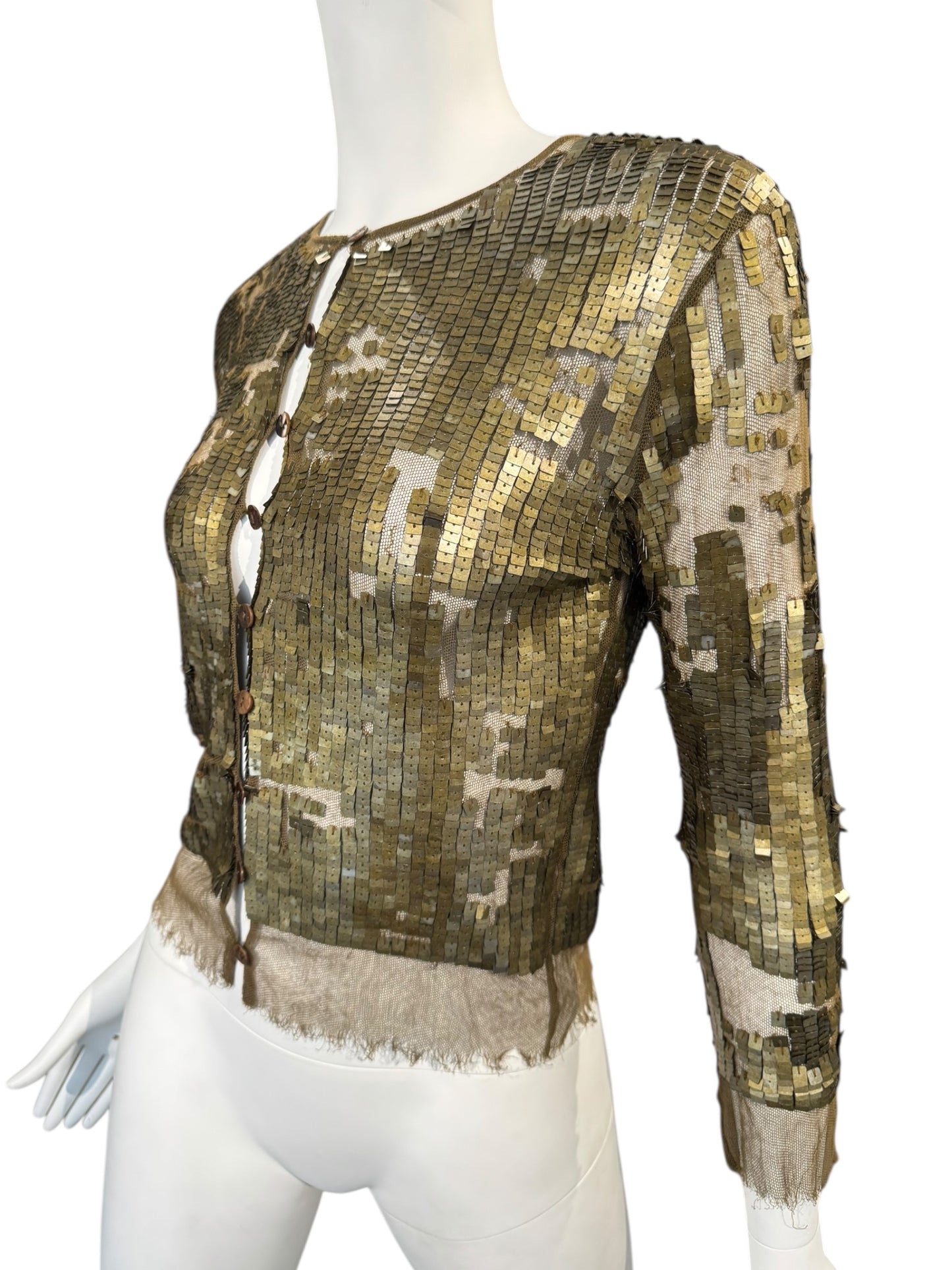PLEIN SUD SS2001 KAKI TULLE SEQUINS EMBELLISHED CARDIGAN