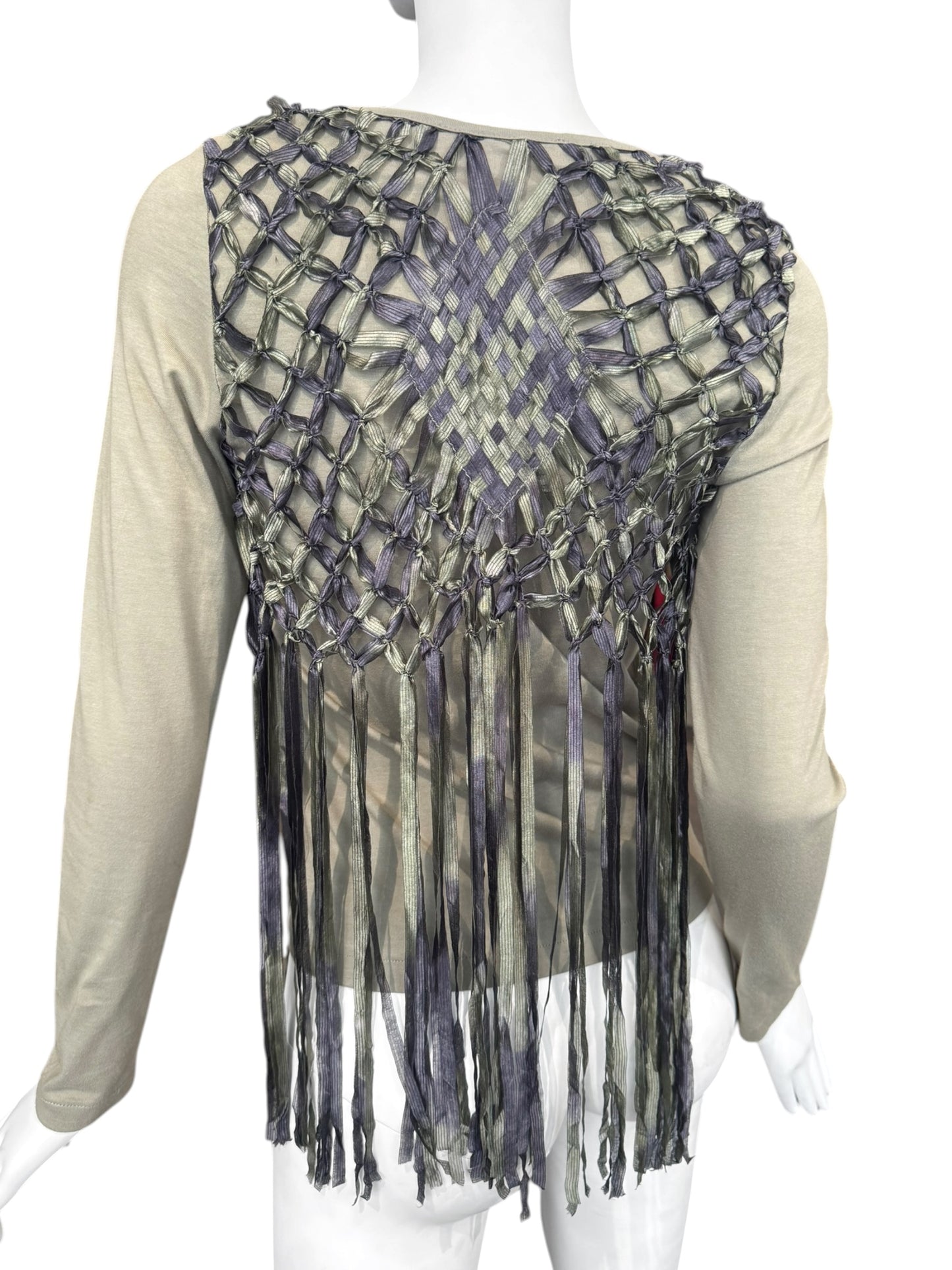 DIOR SS2003 BY JOHN GALLIANO KAKI COTTON & SILK KNOTTED FRINGE CARDIGAN
