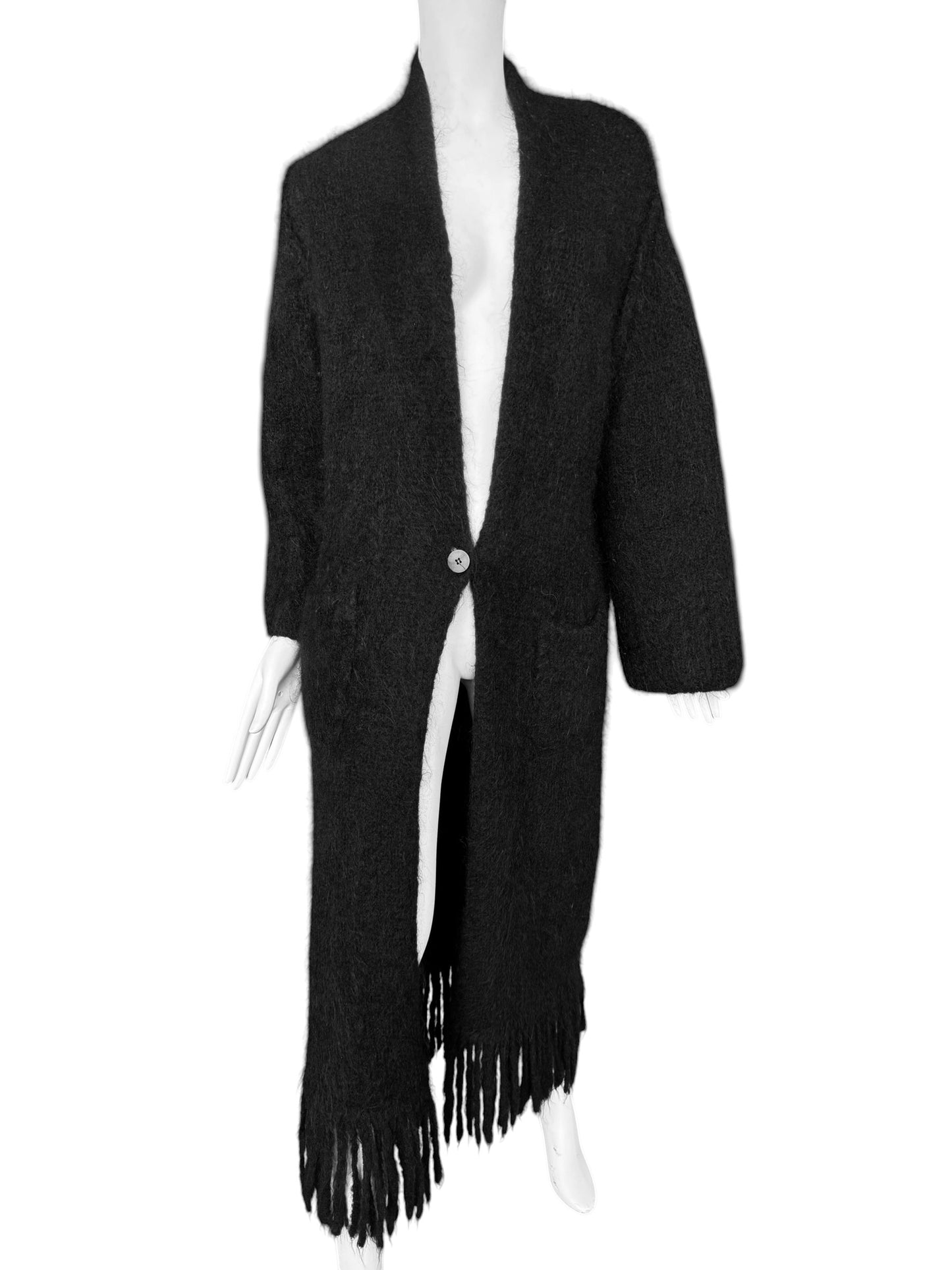 ISABEL BENENATO FW2020 BLACK WOOL & MOHAIR BLEND FRINGES MAXI COAT