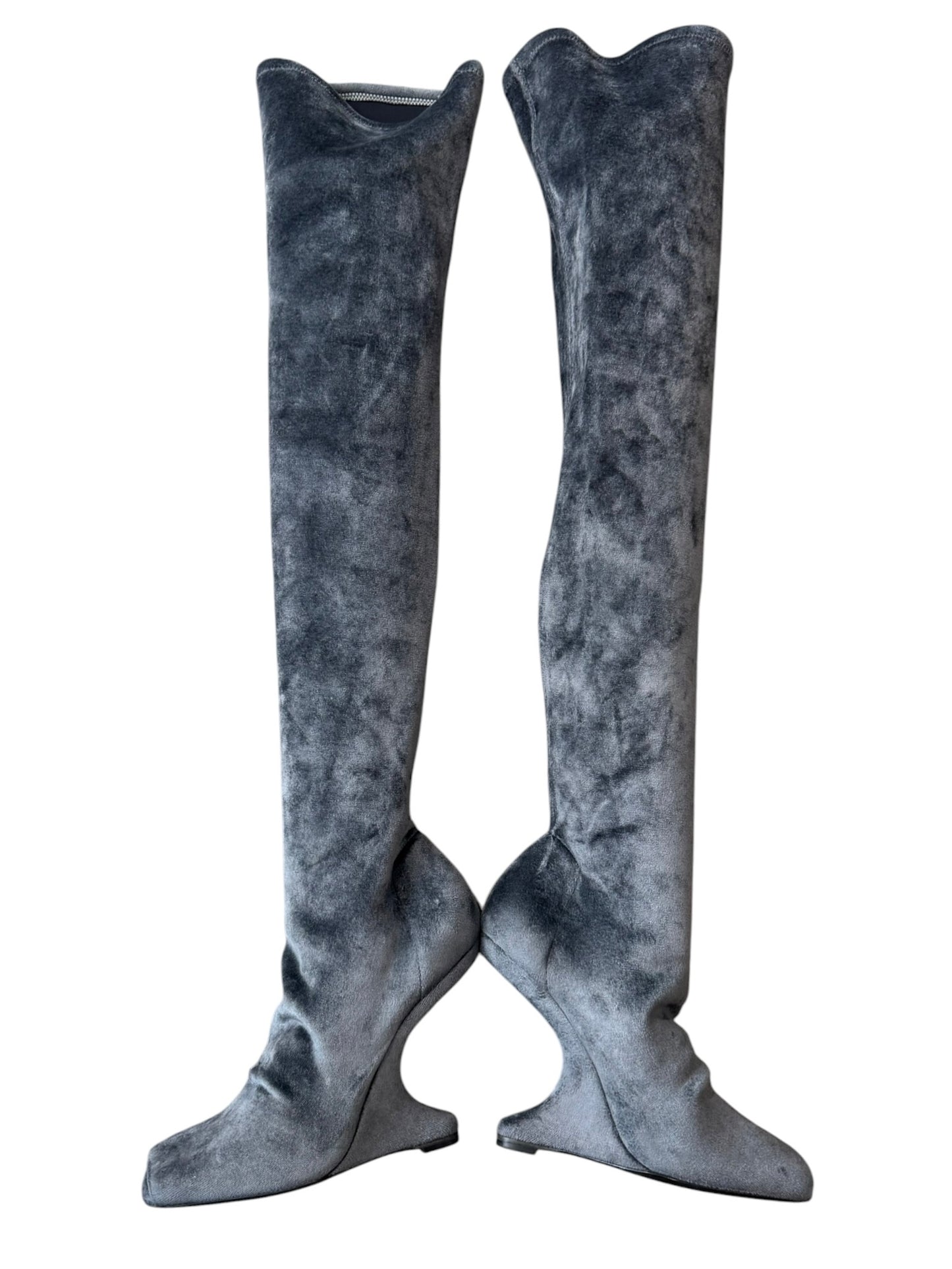RICK OWENS 2020S GREY VELVET CANTILEVER THIGH-HIGH BOOTS