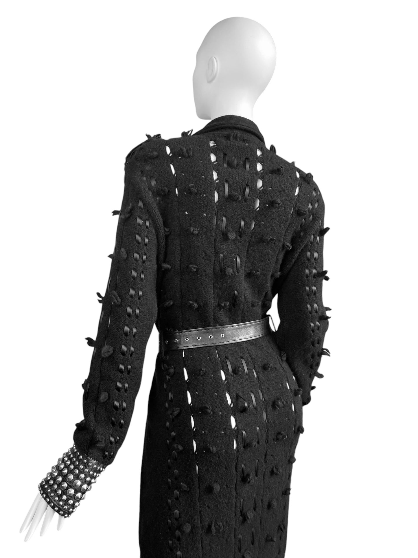 DIOR FW2004 BY GALLIANO BLACK WOOL LACED STUDDED MAXI COAT