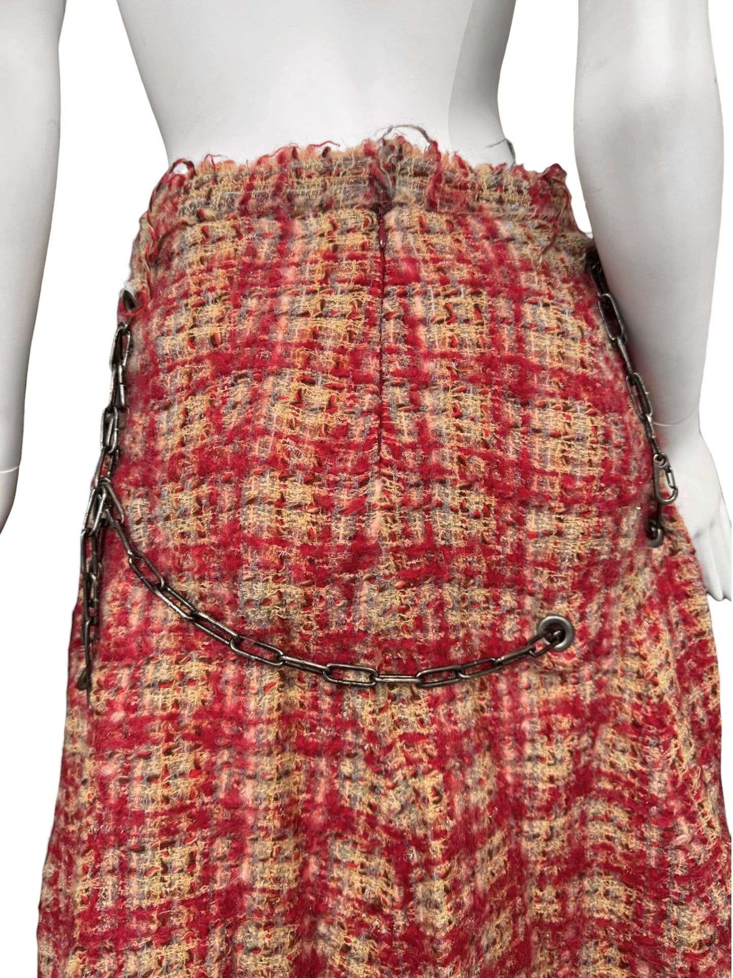 JUNYA WATANABE FW2003 RED WOOL DISTRESS TWEED CHAINS MAXI SKIRT