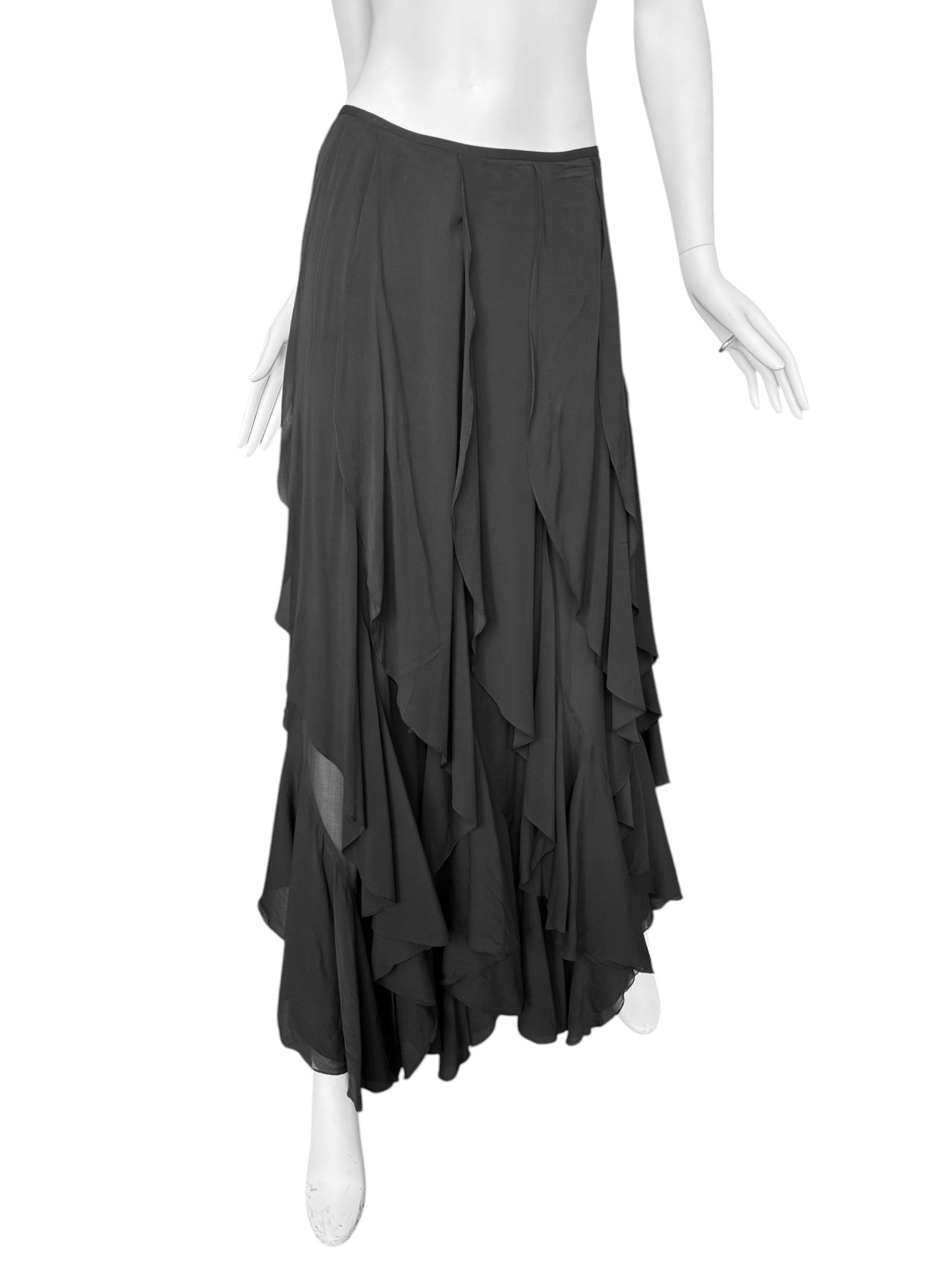 PLEIN SUD SS2000 BLACK SILK CASCADING RUFFLES MAXI SKIRT