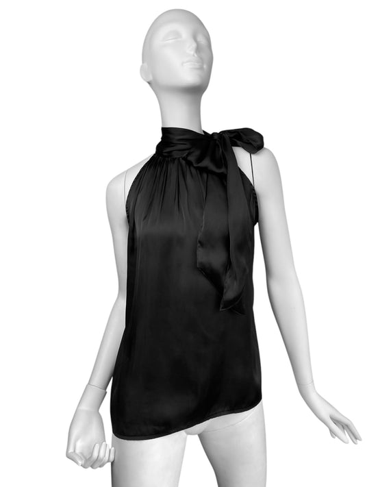 ALEXANDER MCQUEEN C.1995-1996 BLACK SATIN PUSSY BOW COLLAR TANK TOP