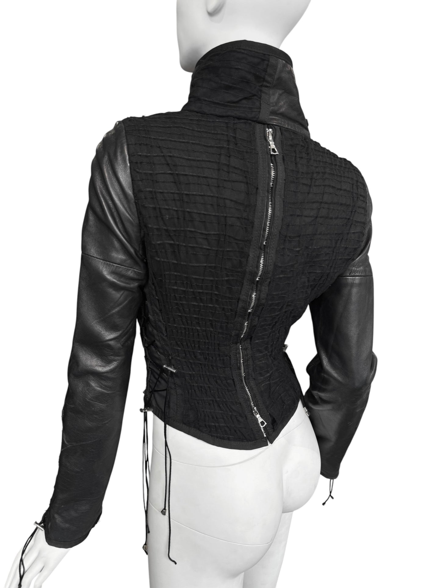 JITROIS 2000S BLACK LEATHER & MESH LACE-UP JACKET