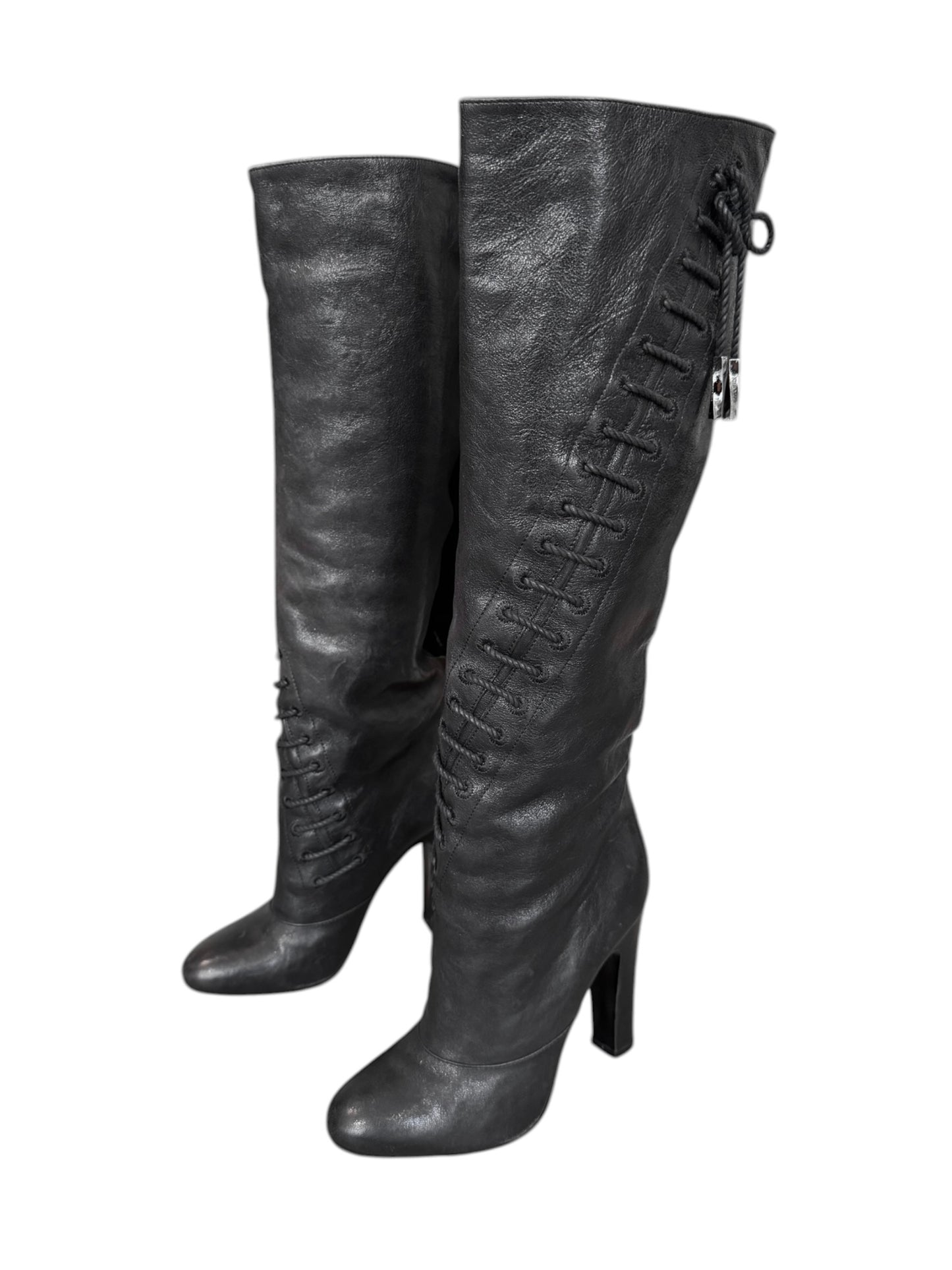 NINA RICCI FW2007 BY OLIVIER THEYSKENS BLACK LEATHER LACE-UP BOOTS