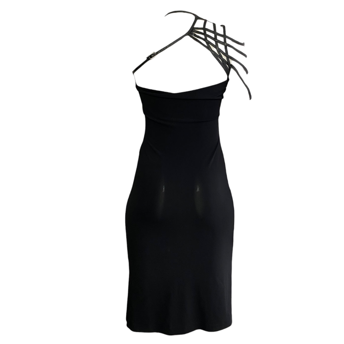 FAYÇAL AMOR 2002 BLACK ASYMMETRICAL LEATHER STRAPS DRESS