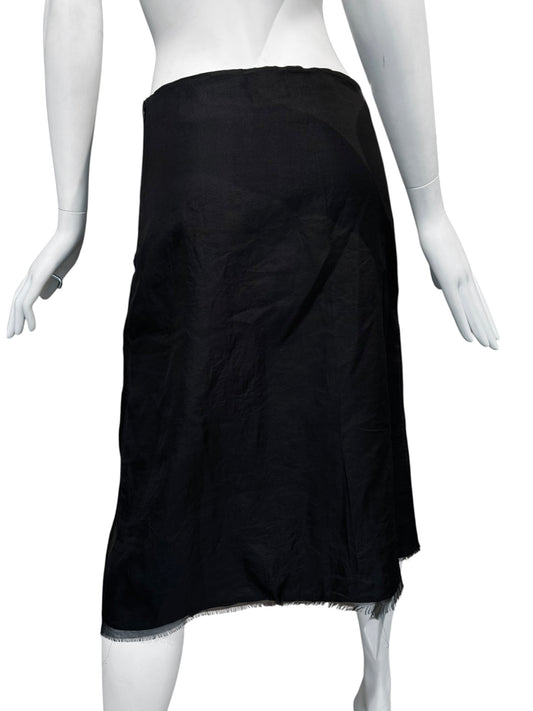 SANDRINE PHILIPPE 2000s BLACK FRAYED FABRIC APPLIQUÉ MIDI SKIRT
