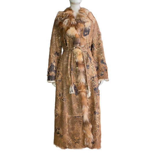 AMORETTI 2000s BROWN FOX FUR & GOLD LEAVES DISTRESSED COAT