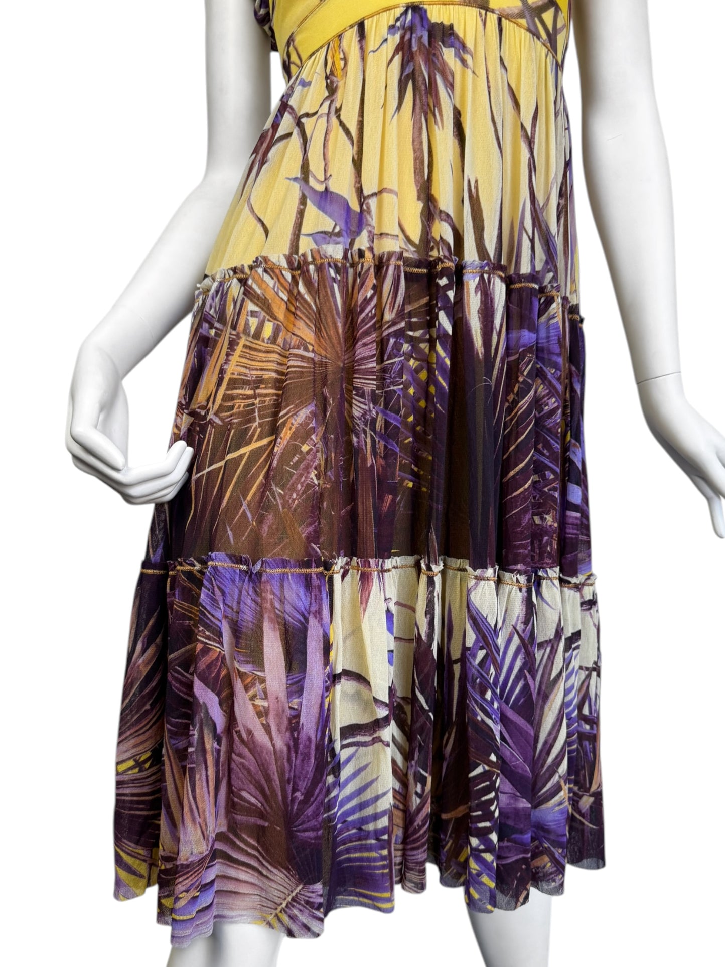 JEAN PAUL GAULTIER 2000s YELLOW & PURPLE MESH TROPICAL PRINT MIDI DRESS