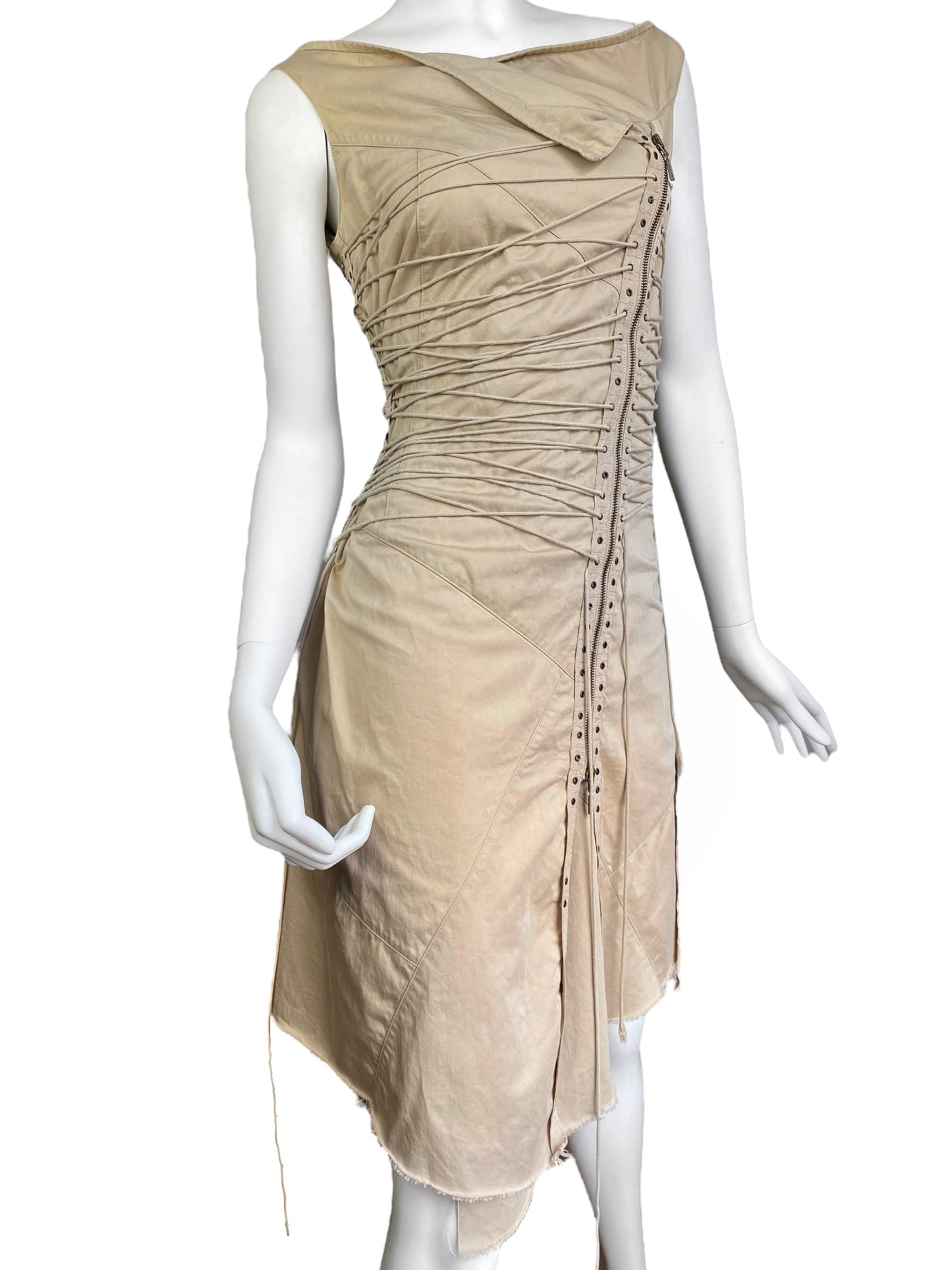 PLEIN SUD SS2003 BEIGE LACED-UP BONDAGE MIDI DRESS