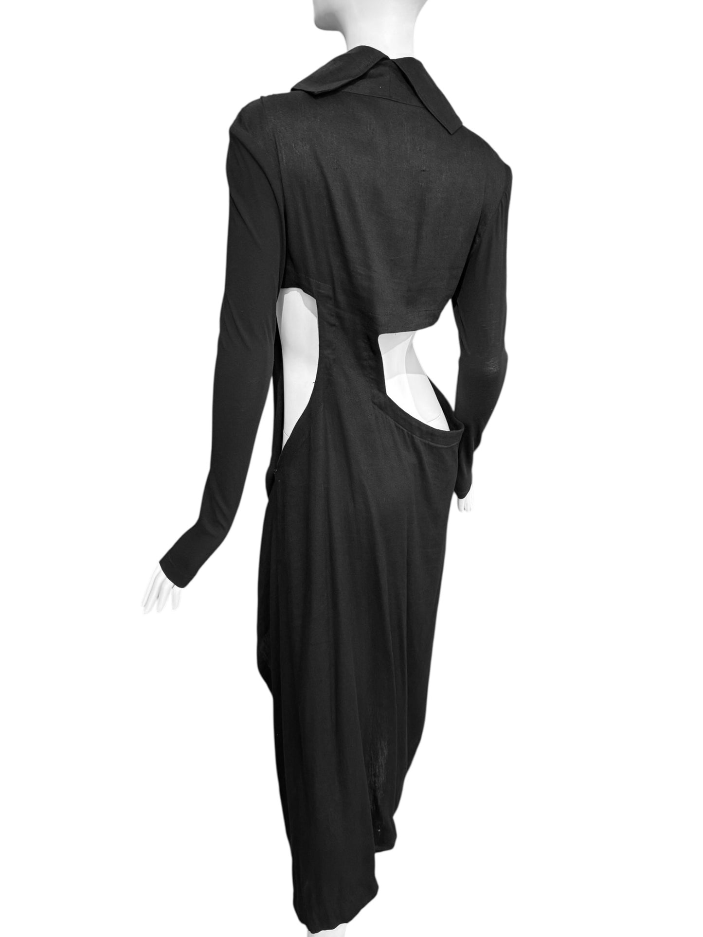 YOHJI YAMAMOTO SS2019 BLACK LINEN DOUBLE BREASTED CUT OUT MAXI DRESS
