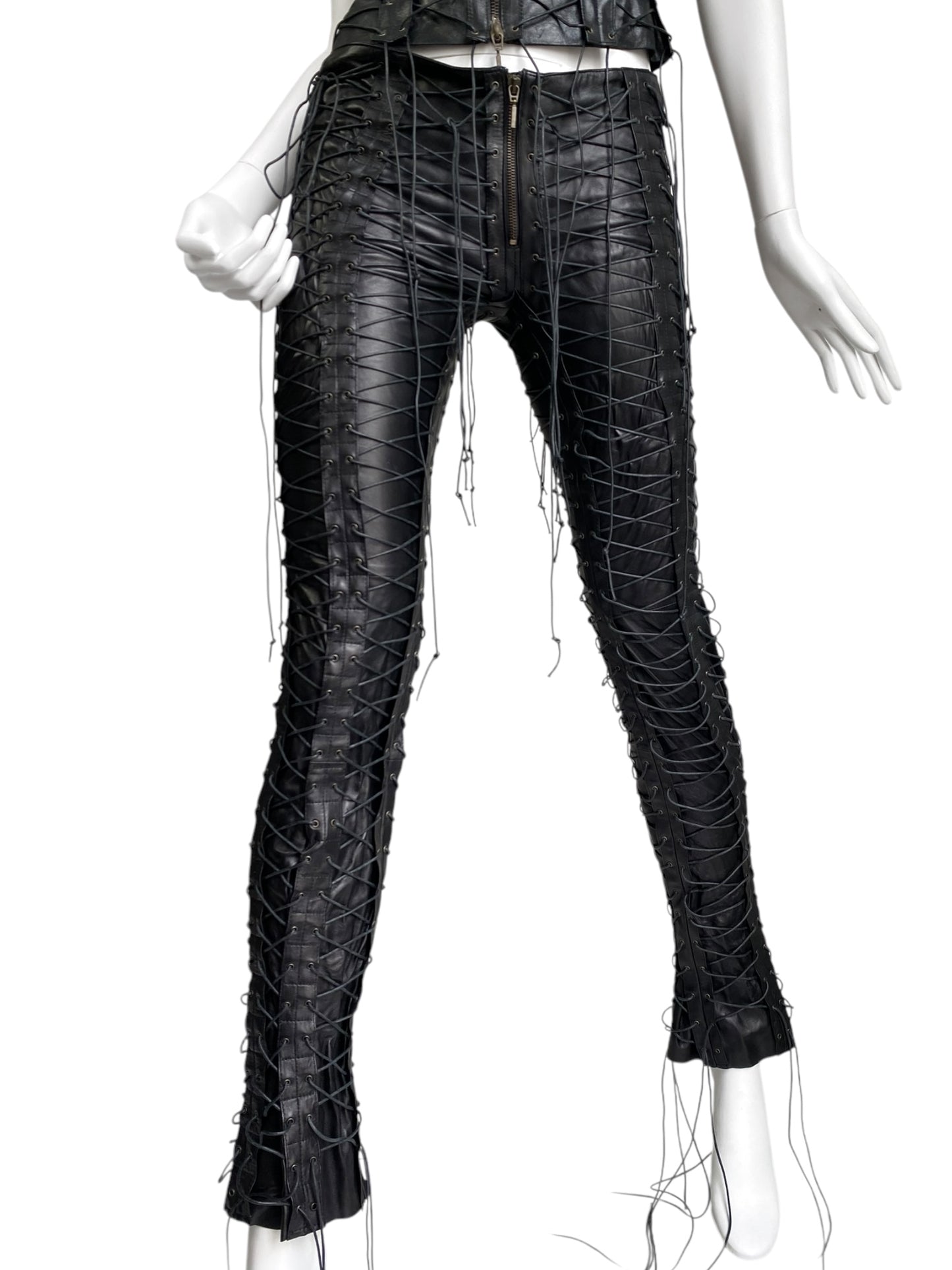 PLEIN SUD FW2002 BLACK LEATHER LACED-UP CAGE PANTS