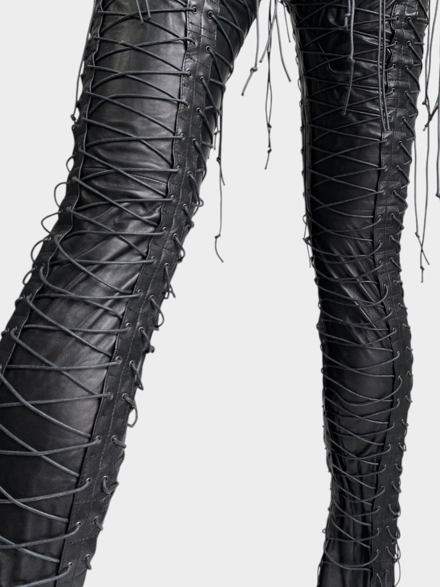 PLEIN SUD FW2002 BLACK LEATHER LACED-UP CAGE PANTS