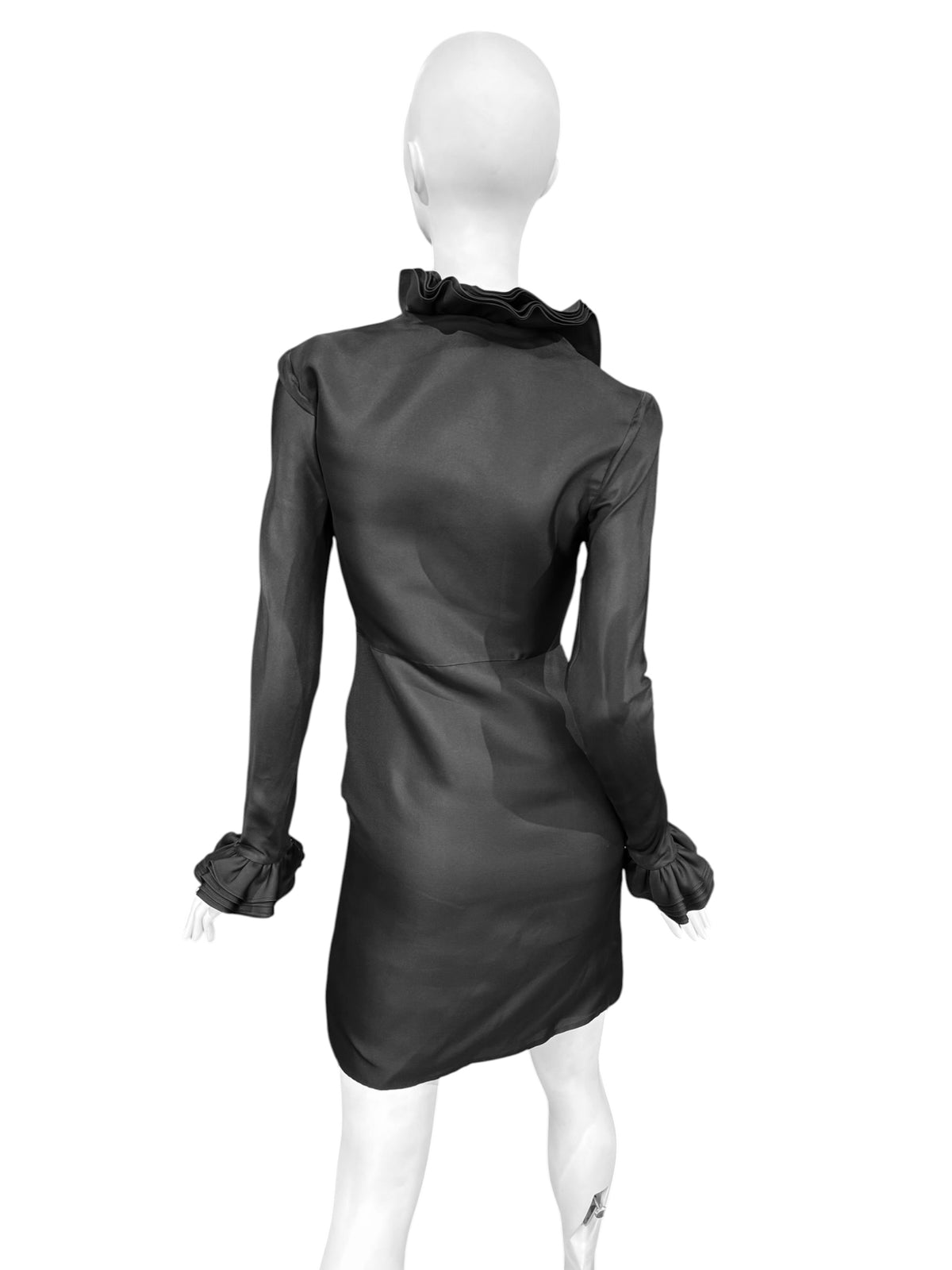 GUCCI FW2000 BY TOM FORD BLACK SILK RUFFLED NECKLINE MINI DRESS