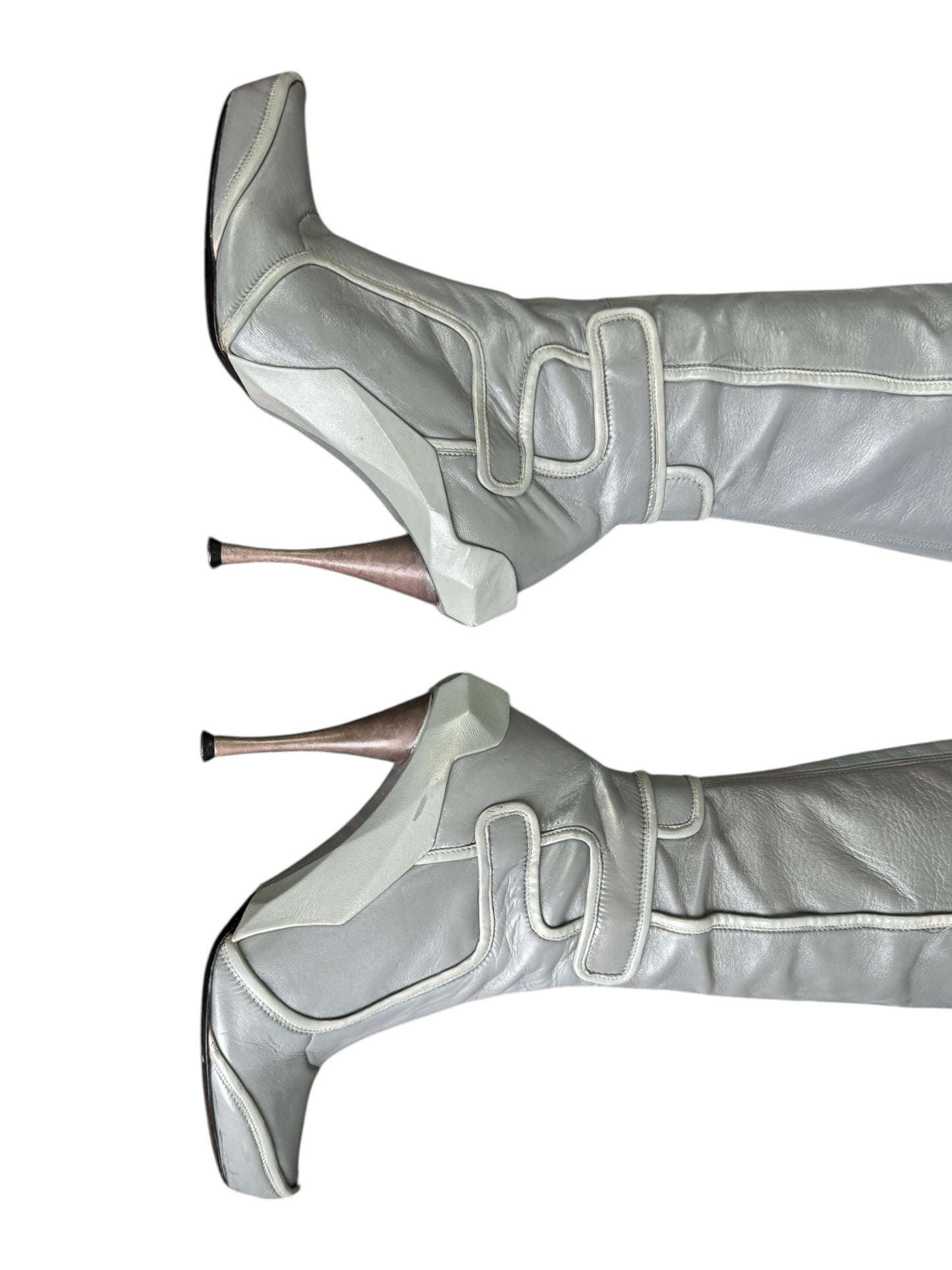 CELINE FW2008 BY IVANA OMAZIC GREY LEATHER MOTO KNEE-HIGH BOOTS