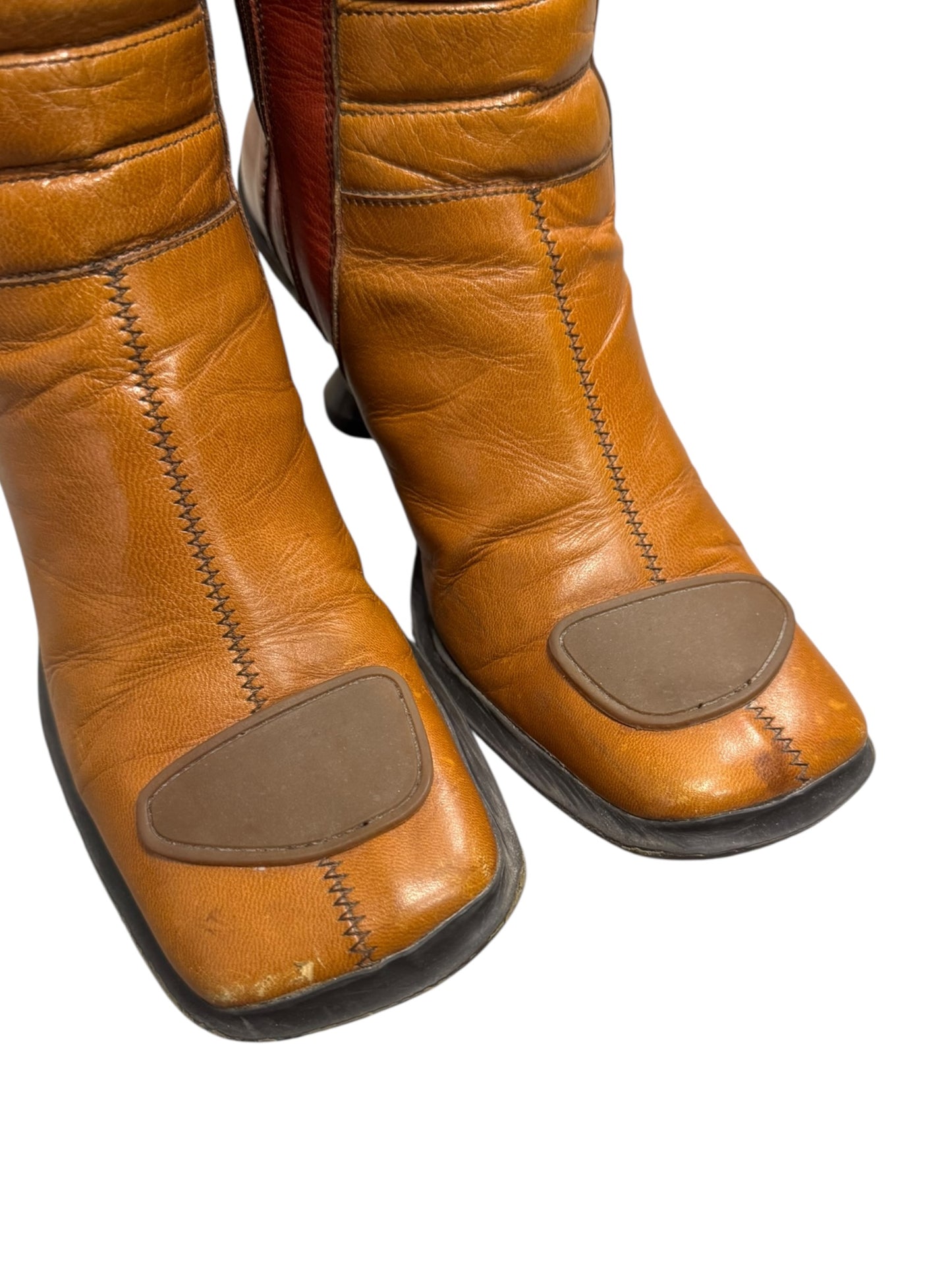 MIU MIU FW1999 ORANGE/RED/BROWN LEATHER BUBBLE SOLE BIKER BOOTS