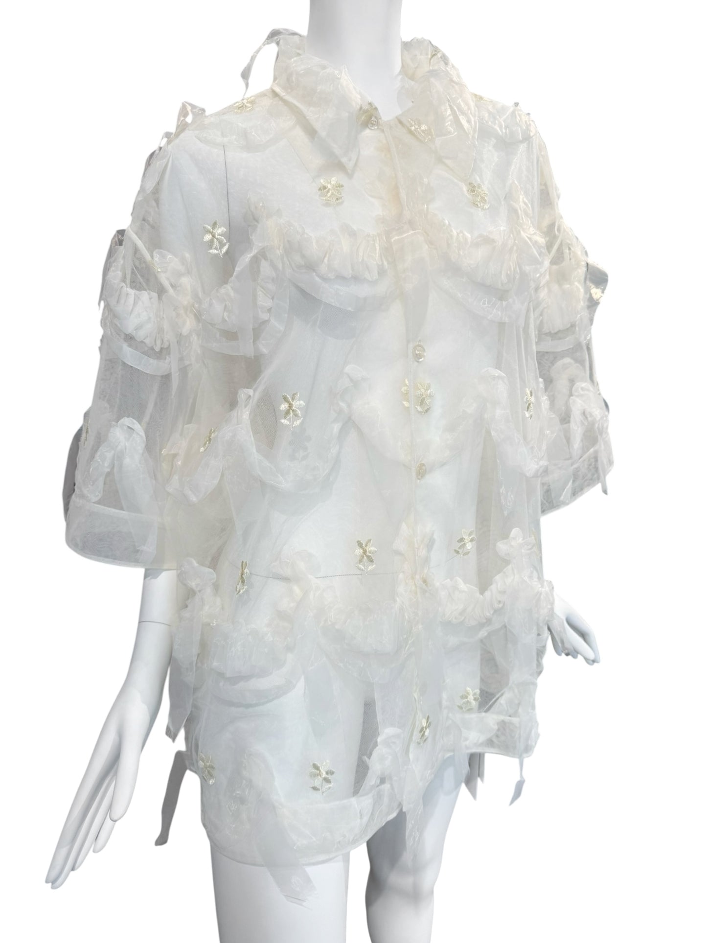 SIMONE ROCHA SS2024 OFF-WHITE TULLE EMBELLISHED OVERSIZE SHIRT