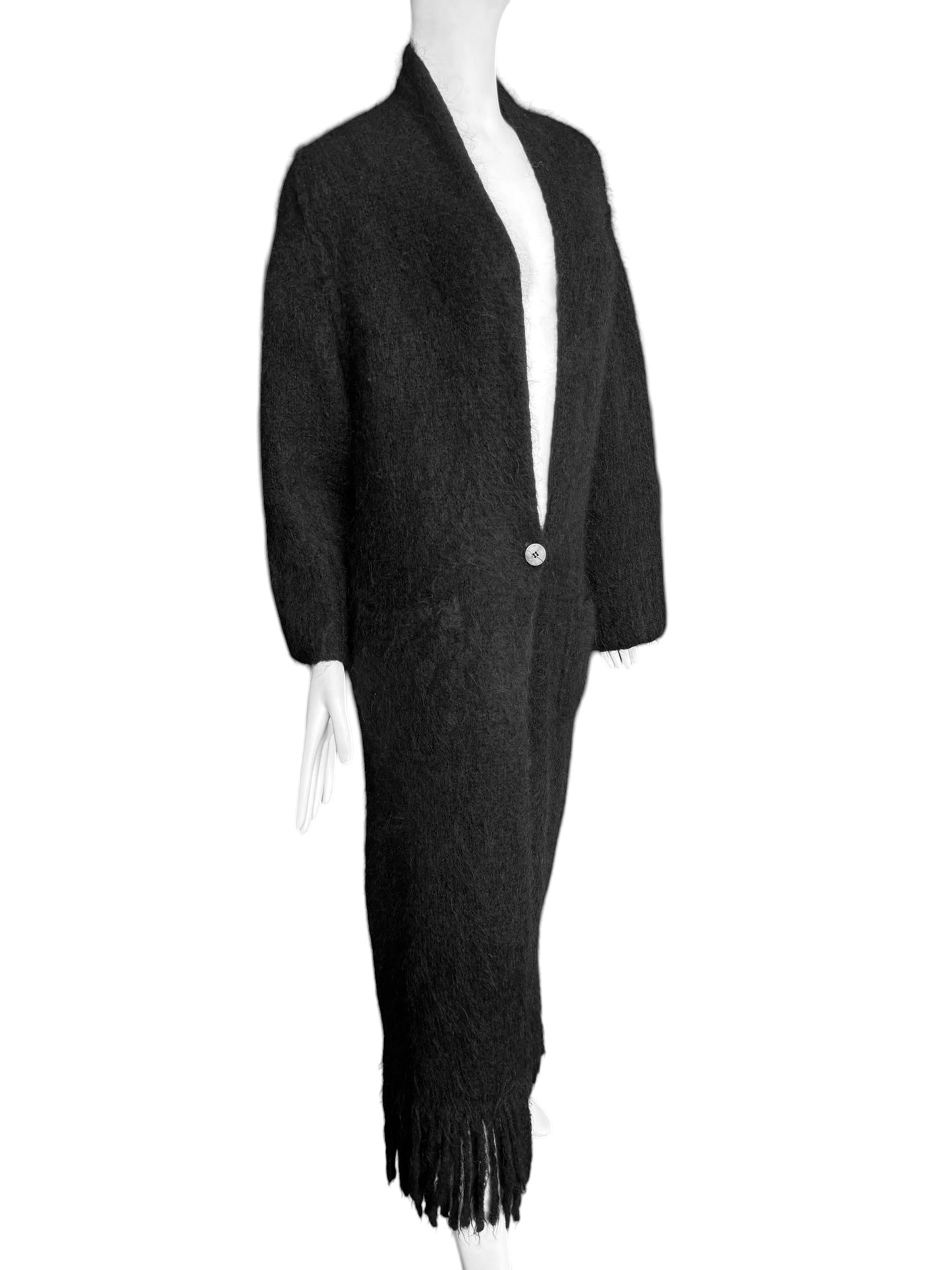 ISABEL BENENATO FW2020 BLACK WOOL & MOHAIR BLEND FRINGES MAXI COAT