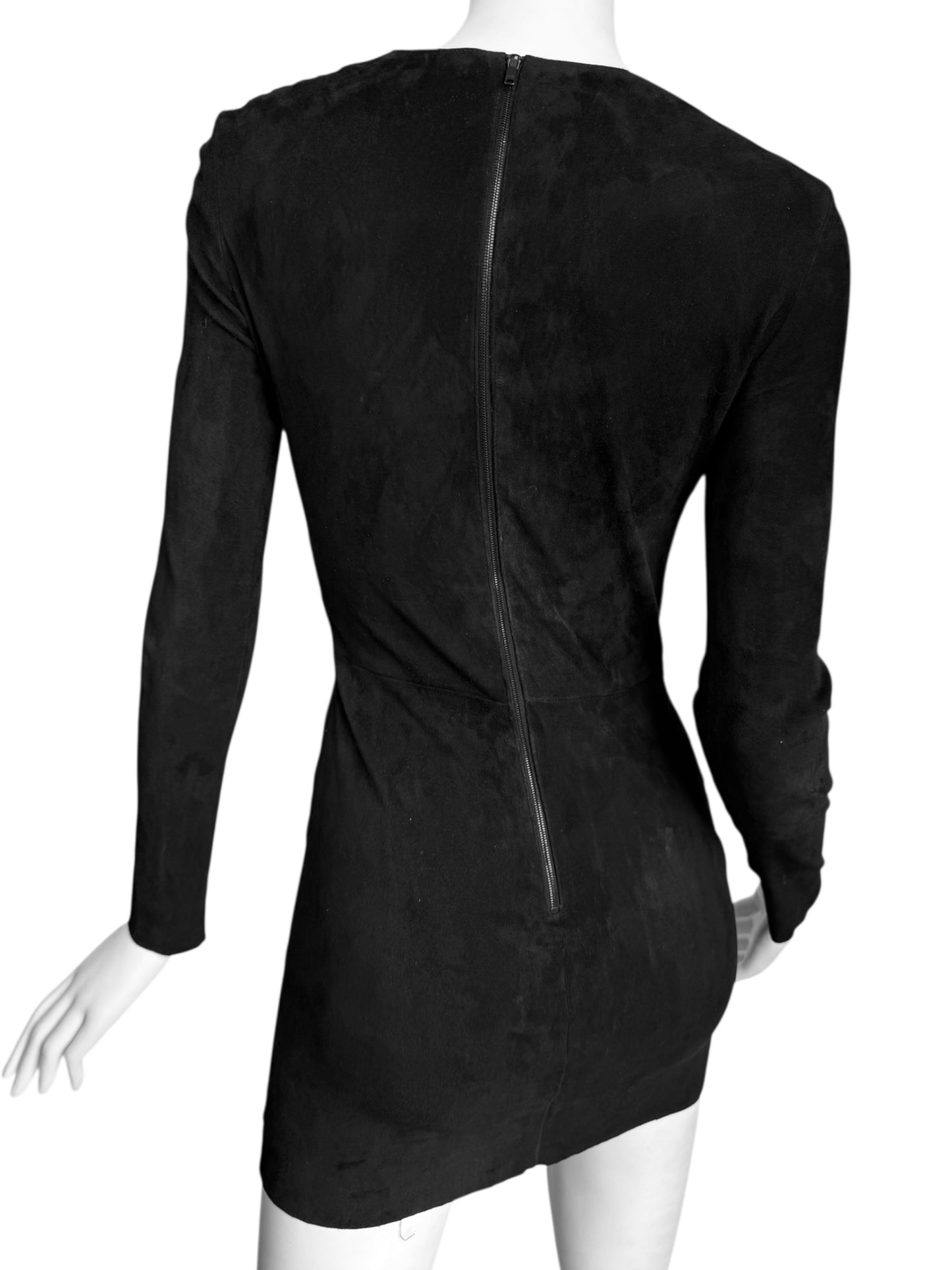 JITROIS 2000s BLACK SUEDE LEATHER TULLE CUT OUT MINI DRESS