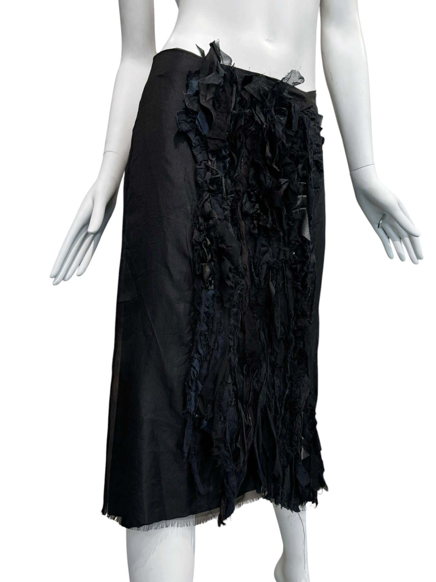 SANDRINE PHILIPPE 2000s BLACK FRAYED FABRIC APPLIQUÉ MIDI SKIRT