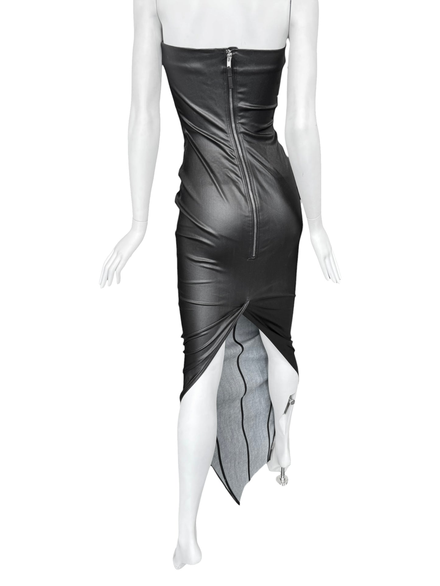RICK OWENS SS2024 «LIDO» BLACK COATED DENIM BUSTIER MAXI DRESS