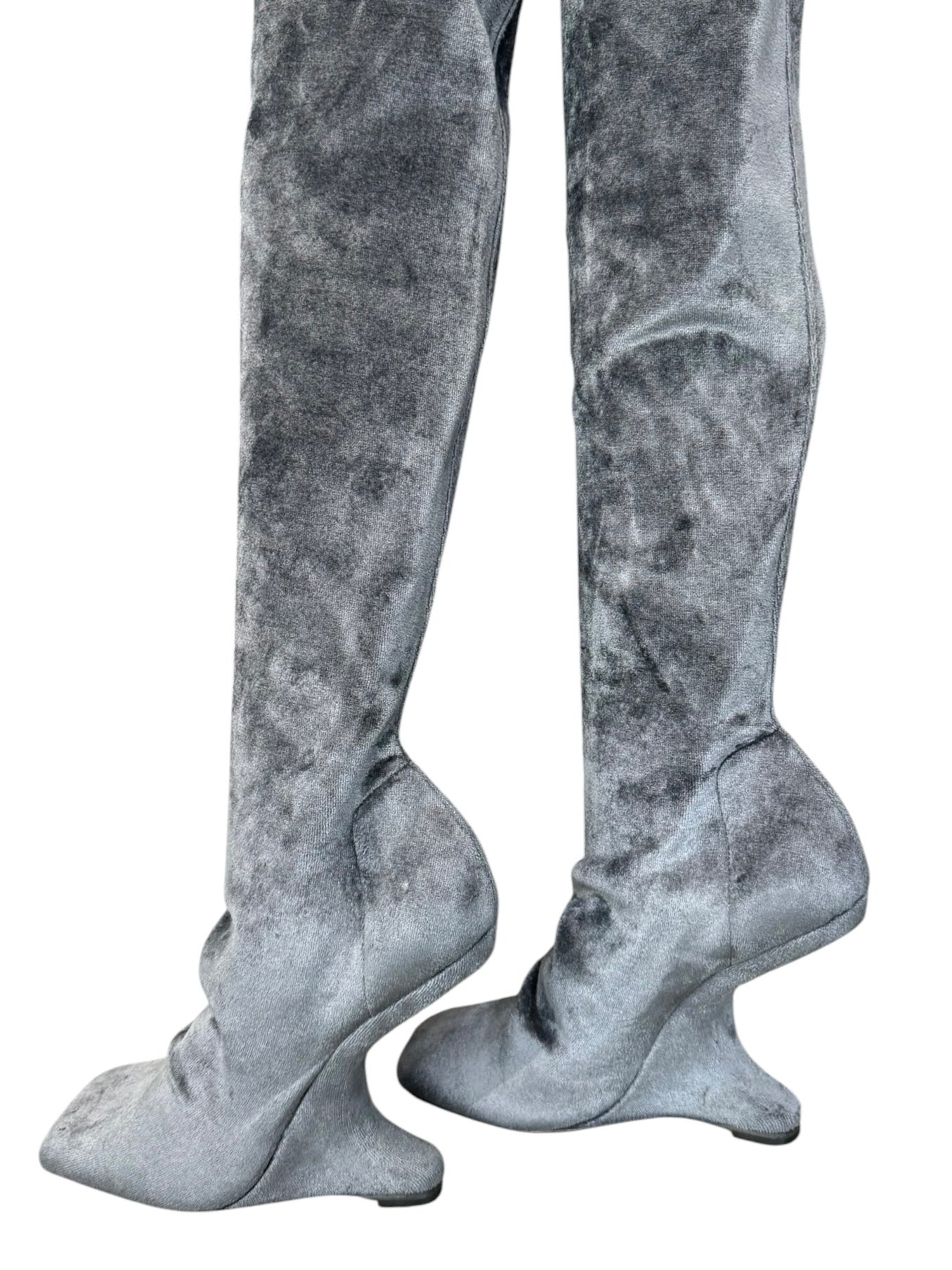 RICK OWENS 2020S GREY VELVET CANTILEVER THIGH-HIGH BOOTS