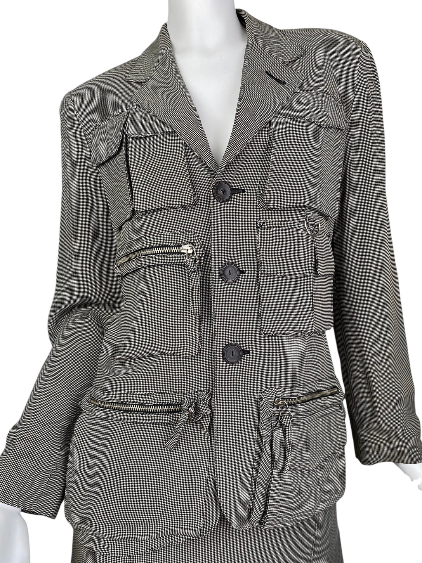 JEAN-PAUL GAULTIER 1980s LIGHT GREEN/GREY CHECKERED UTILITY POCKET SKIRT SUIT (BLAZER & SKIRT)