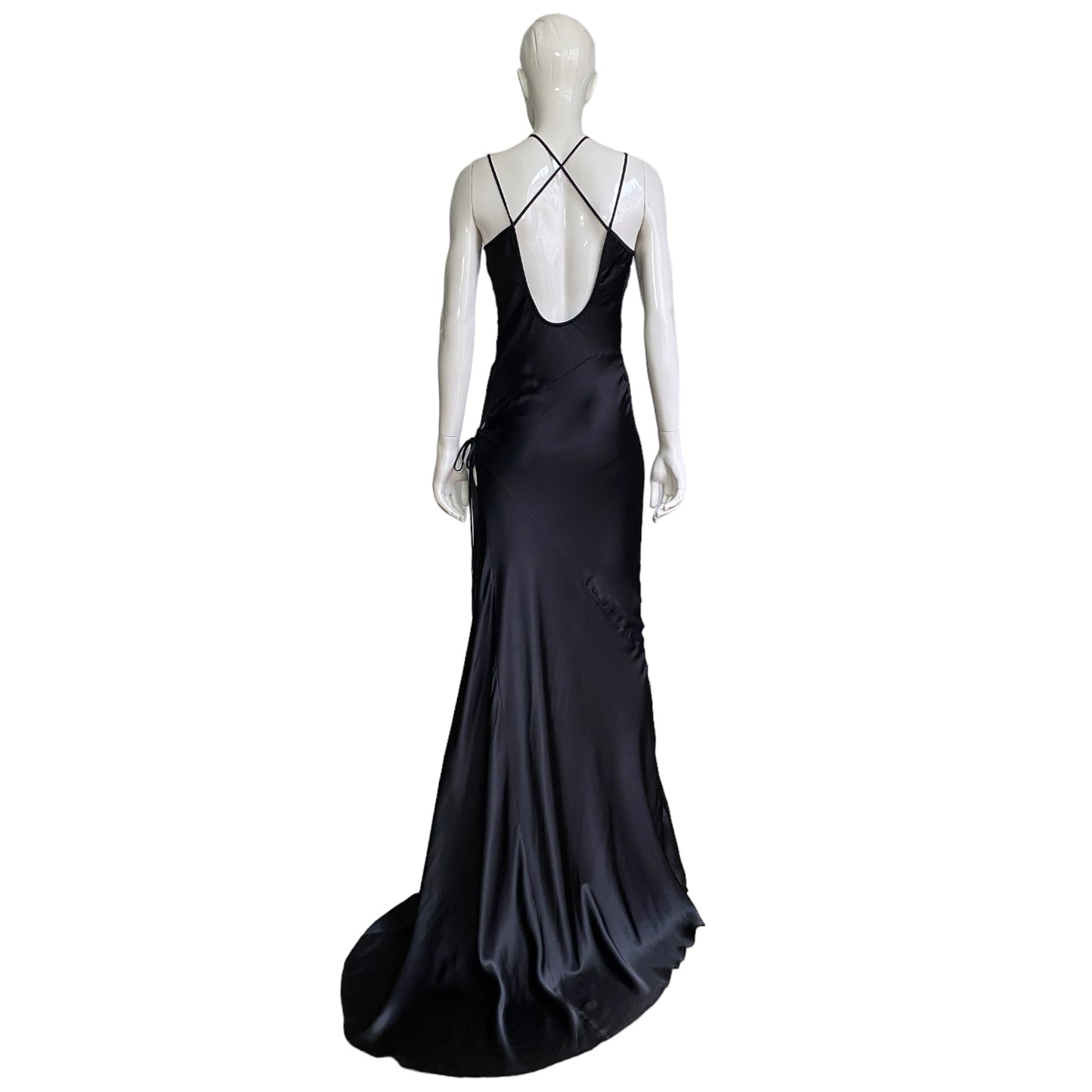 FAYÇAL AMOR SS2003 BLACK SATIN CUT OUT DOUBLE STRAPS MAXI DRESS