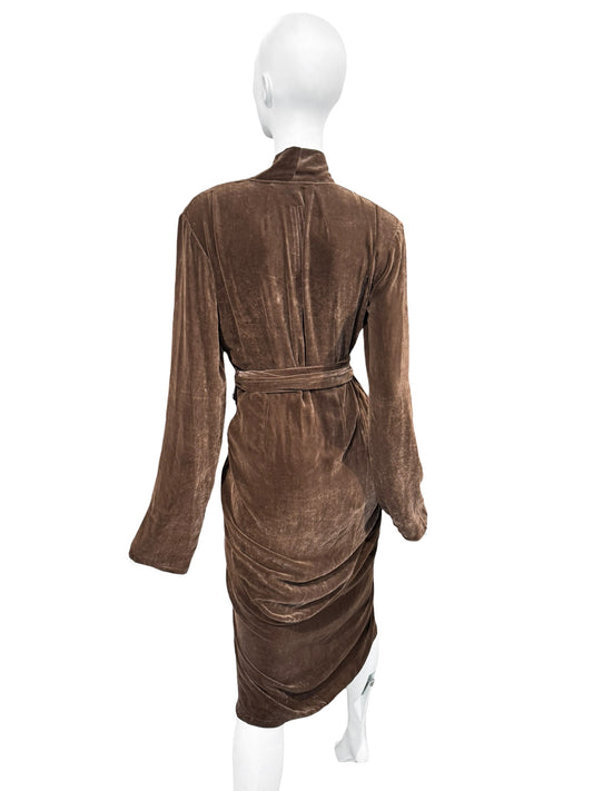 RICK OWENS FW2023 «LUXOR» BROWN VELVET DRAPED WRAP MIDI DRESS