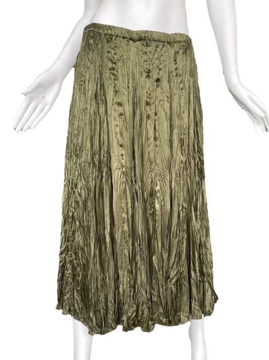 PLEIN SUD SS2006 OLIVE GREEN CREASED SILK LONG SKIRT
