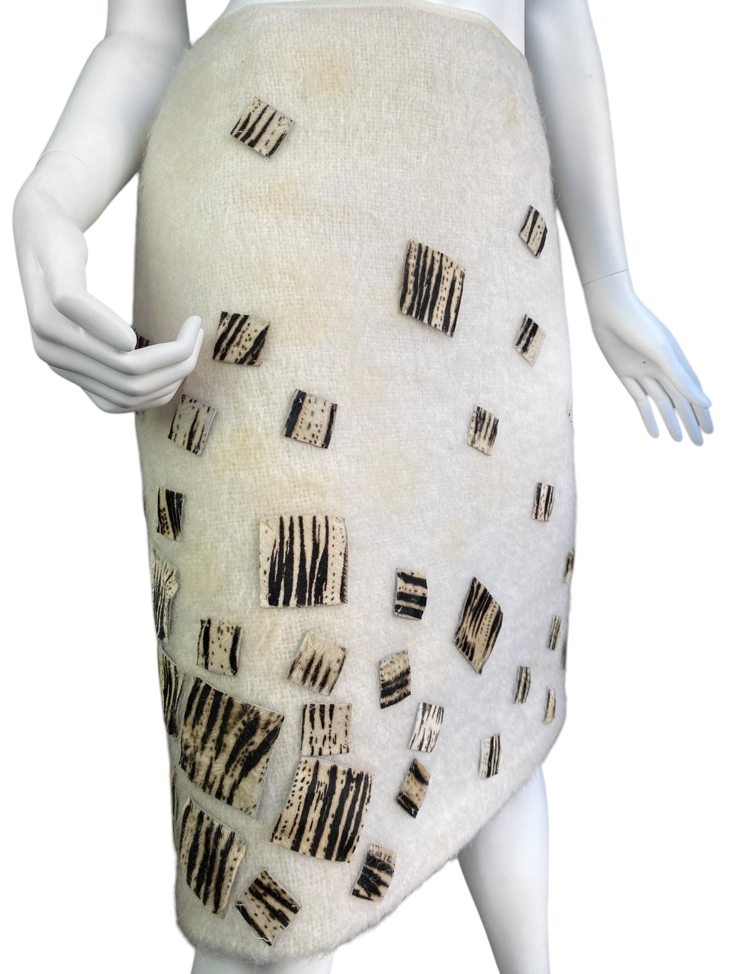 FENDI 1980s BY KARL LAGERFELD CREAM MOHAIR ZEBRA HAIRY LEATHER SQUARES MIDI SKIRT