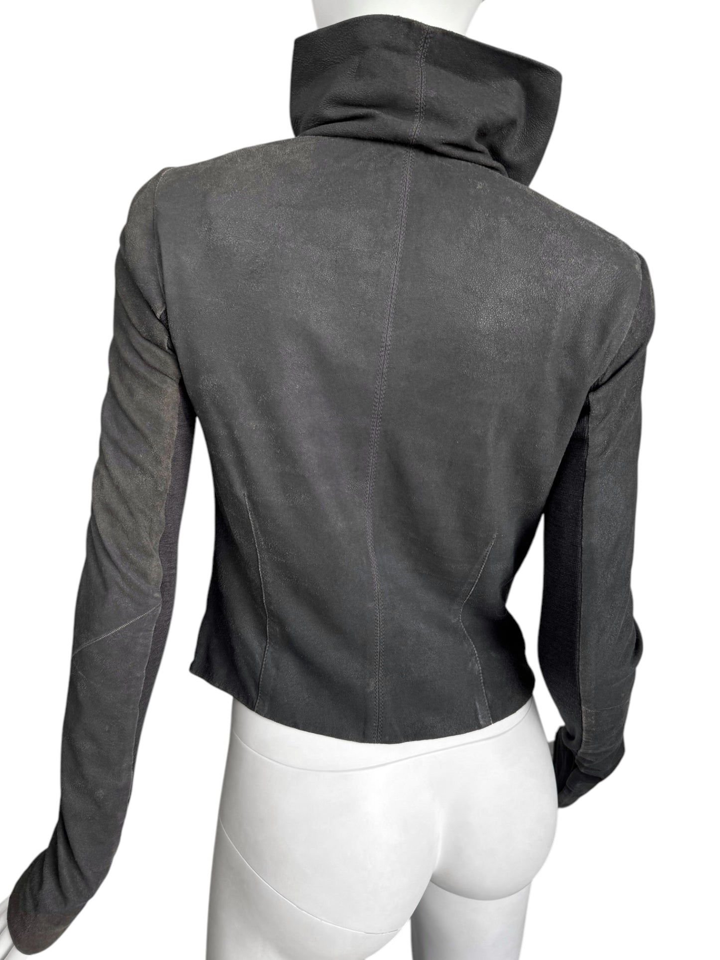 RICK OWENS 2000s GREY LEATHER HIGH COLLAR ZIP JACKET