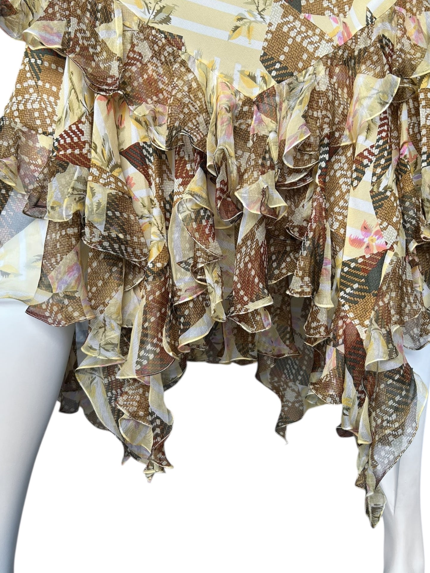 JOHN GALLIANO FW2004 YELLOW & BROWN TARTAN SILK RUFFLES MAXI SKIRT