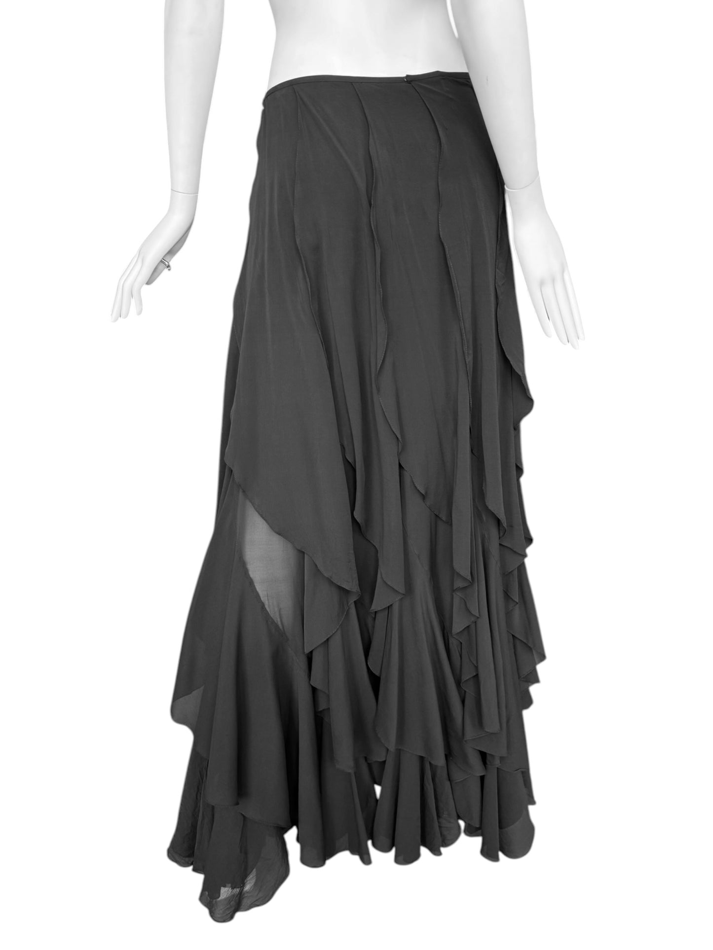 PLEIN SUD SS2000 BLACK SILK CASCADING RUFFLES MAXI SKIRT